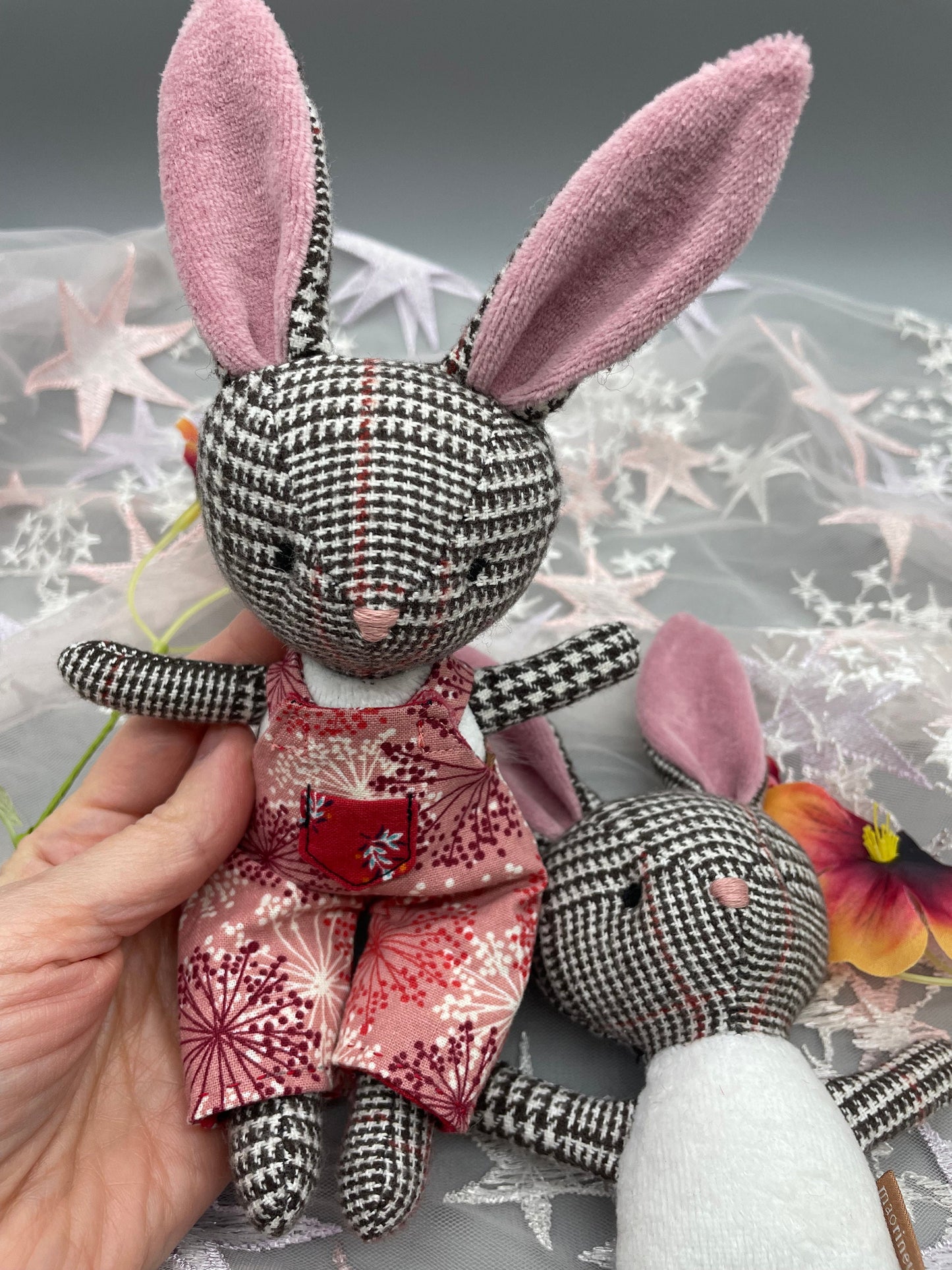 Handmade Easter Bunny Doll, Stuffed bunny, Reversible clothes, easter basket idea, rabbit, gift for kids, plaid, boy doll, rabbit doll