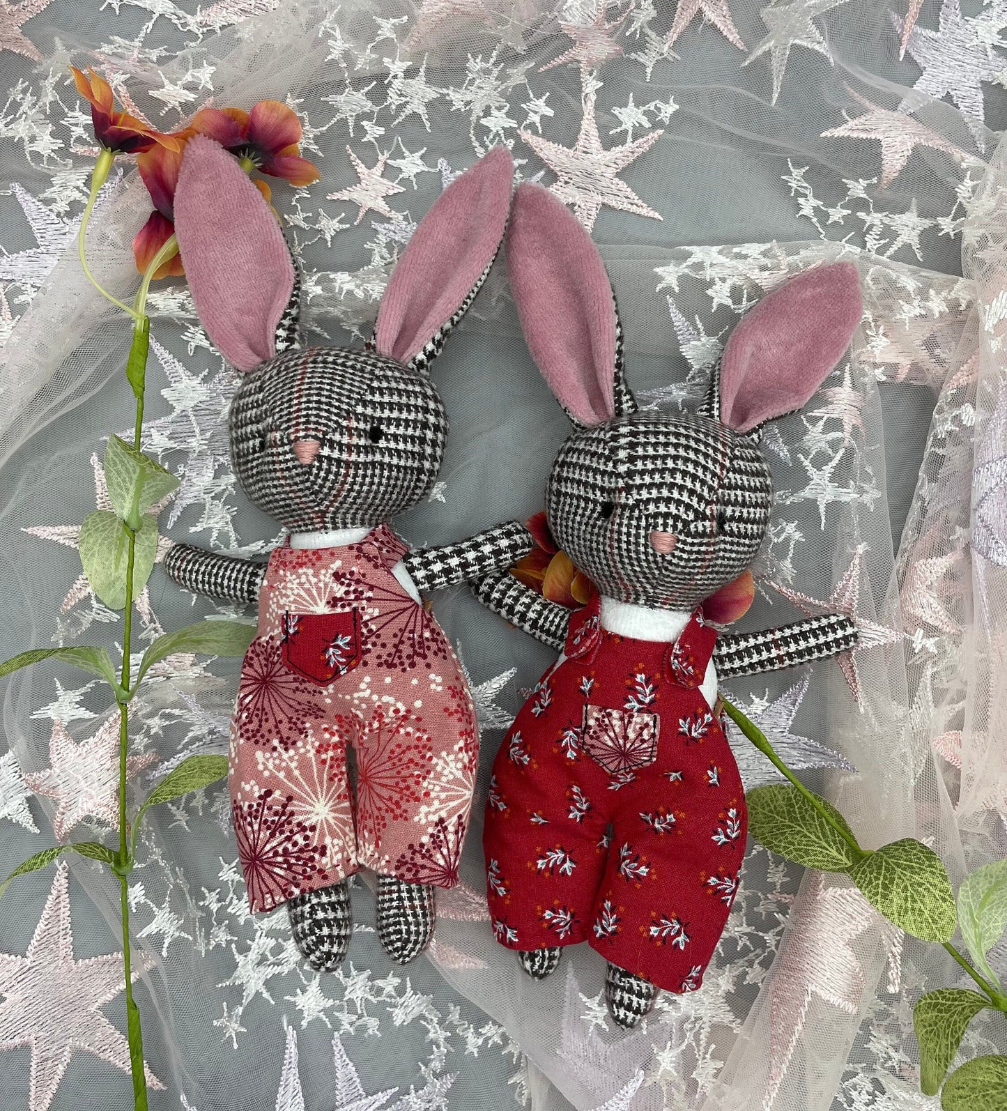 Handmade Easter Bunny Doll, Stuffed bunny, Reversible clothes, easter basket idea, rabbit, gift for kids, plaid, boy doll, rabbit doll