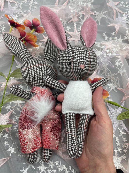 Handmade Easter Bunny Doll, Stuffed bunny, Reversible clothes, easter basket idea, rabbit, gift for kids, plaid, boy doll, rabbit doll