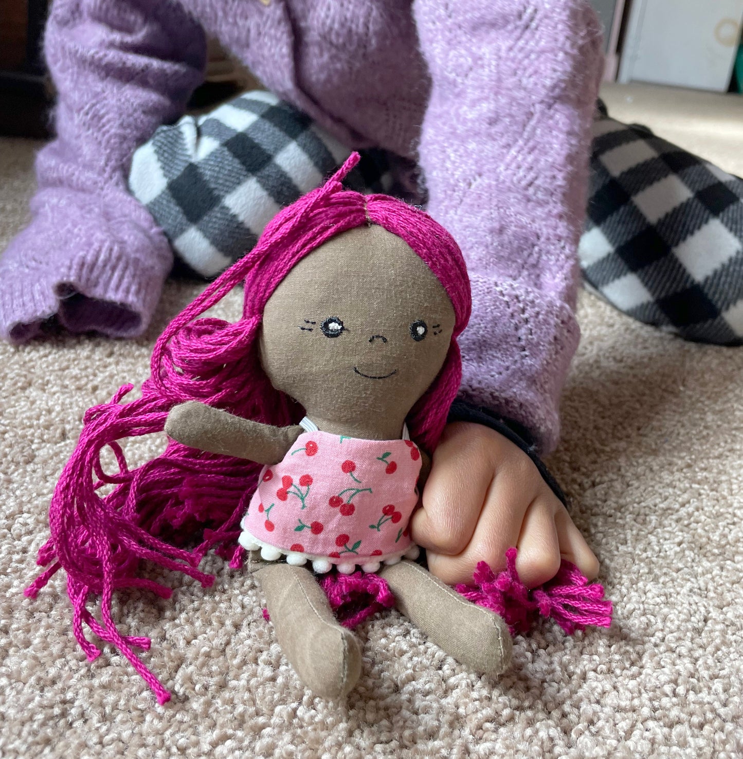 Small Handmade Doll with extra clothes, handmade, Pink hair, Accessories included, Gift Doll, Diverse, heirloom, doll set, skirt, reversible