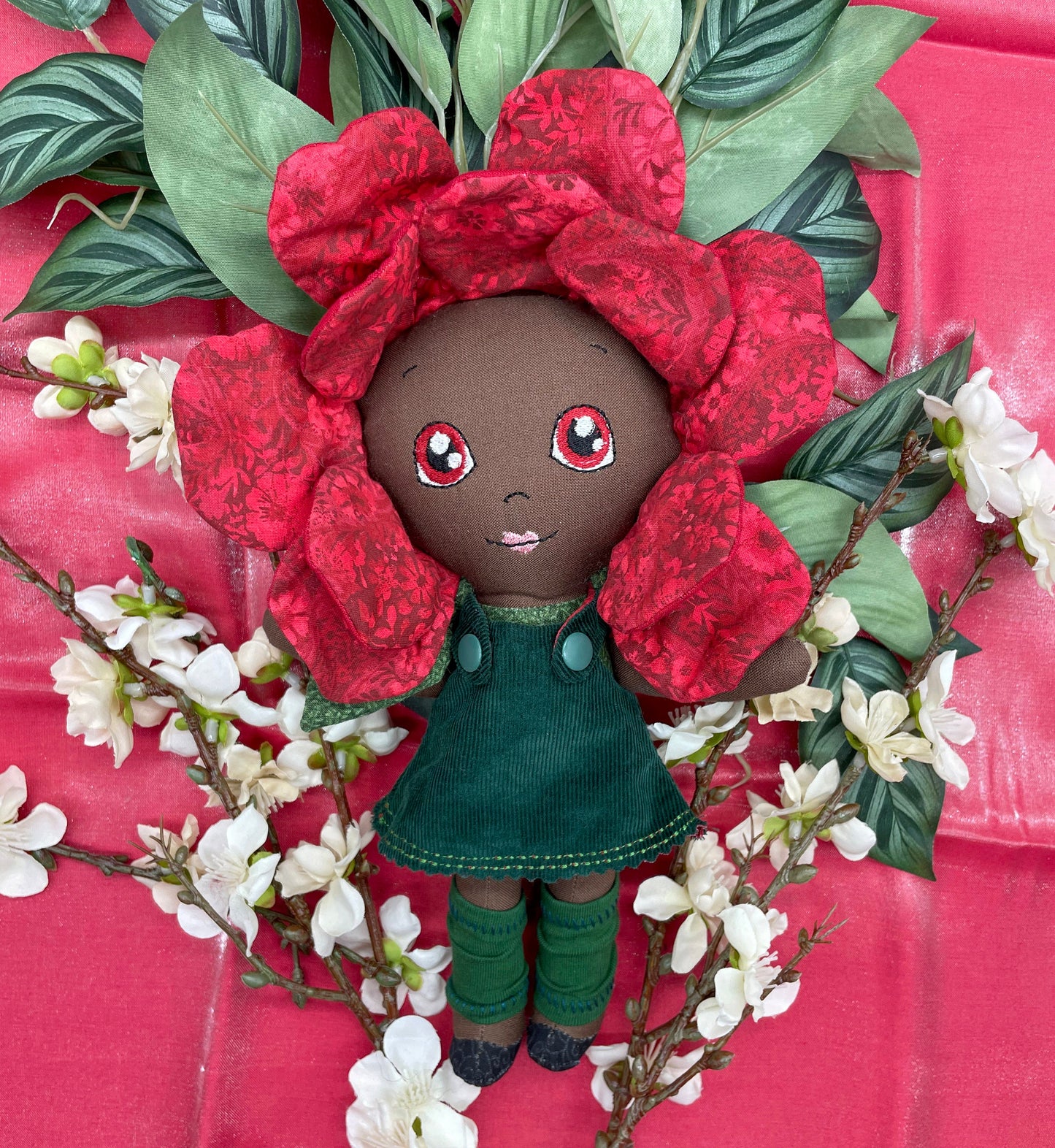 FLOWER DOLL, VALENTINE ROSE doll, Black Doll, Posable petals doll, Handmade, reversible dress, Roses, diverse, easter, heirloom doll, flower girl