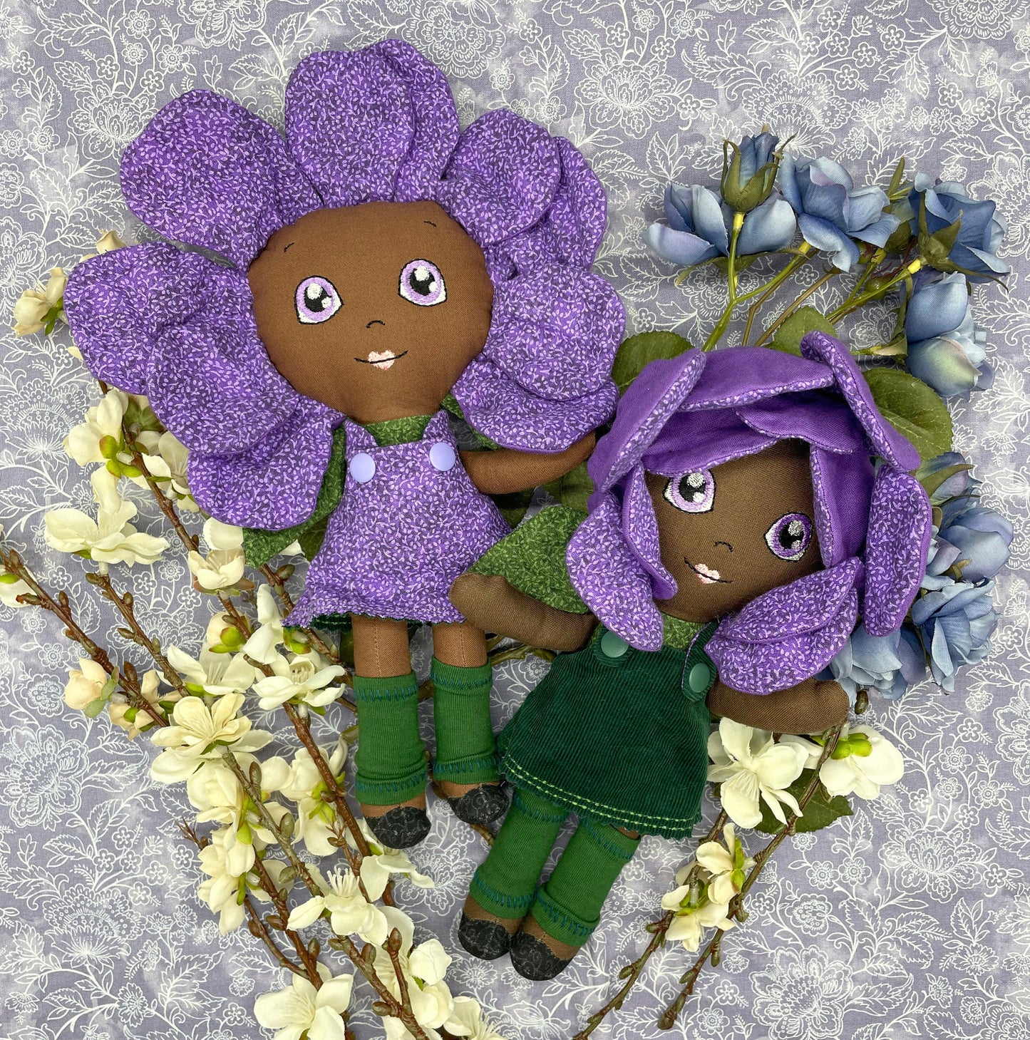 FLOWER DOLL, VALENTINE ROSE doll, Black Doll, Posable petals, Handmade, reversible dress, purple, Roses, black doll, diverse, easter, heirloom, flower girl, gift