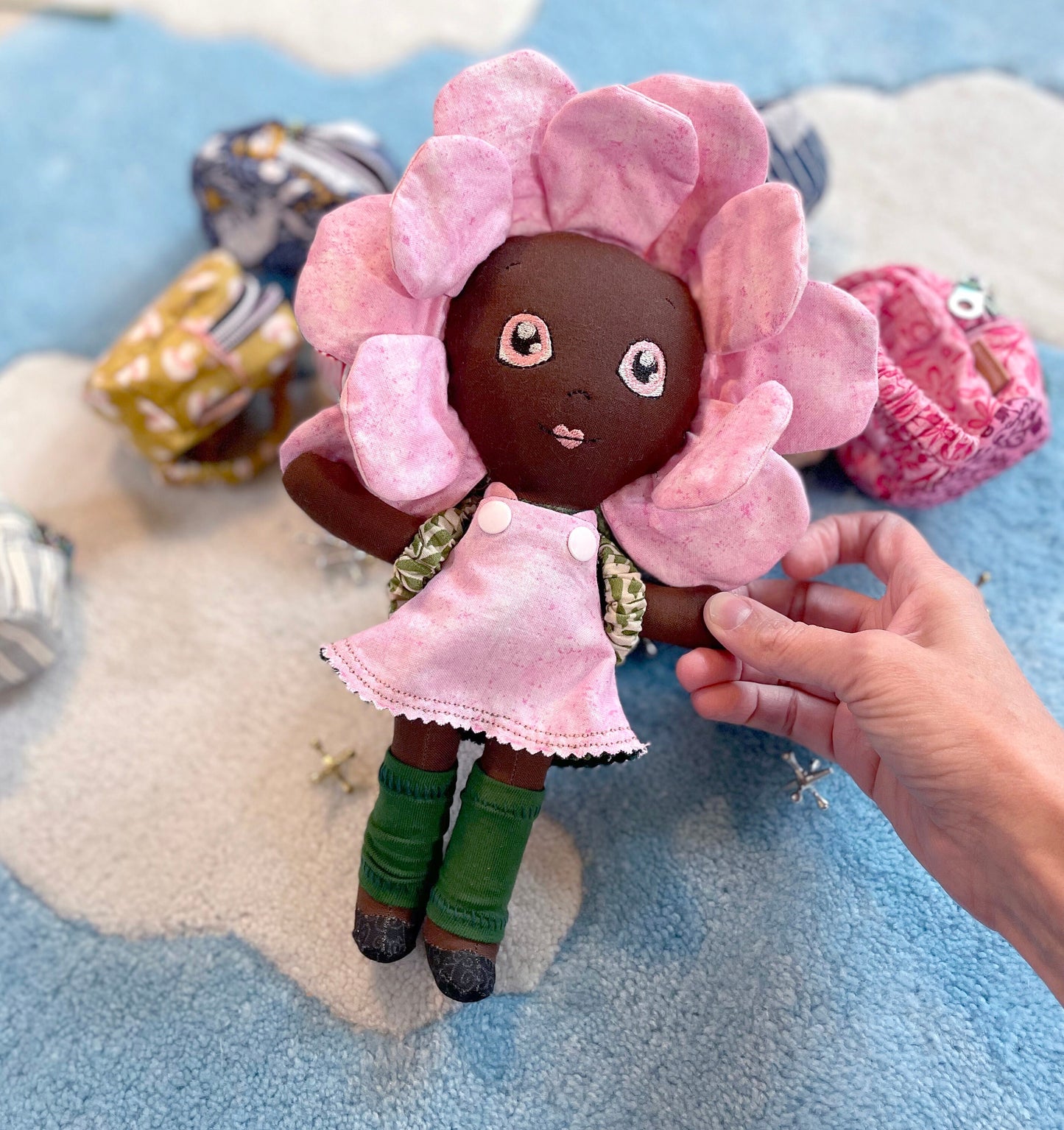 FLOWER DOLL, VALENTINE ROSE doll, Black Doll, Posable petals doll, Handmade, reversible dress, Rose, pink, easter, heirloom doll, flower girl, gift