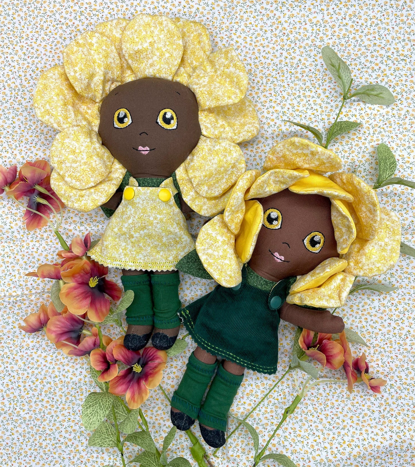 FLOWER DOLL, VALENTINE ROSE doll, Black Doll, Posable petals, Handmade, reversible dress, yellow roses, Unique, black doll, diverse, easter, heirloom doll, gift