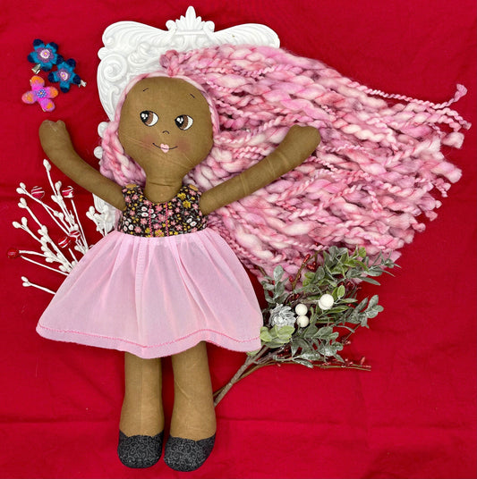 REVERSIBLE DRESS, Handmade Doll, "KAOS", handmade gift, cloth doll, fabric doll, black doll, diverse doll, heirloom doll, Brown Muslin