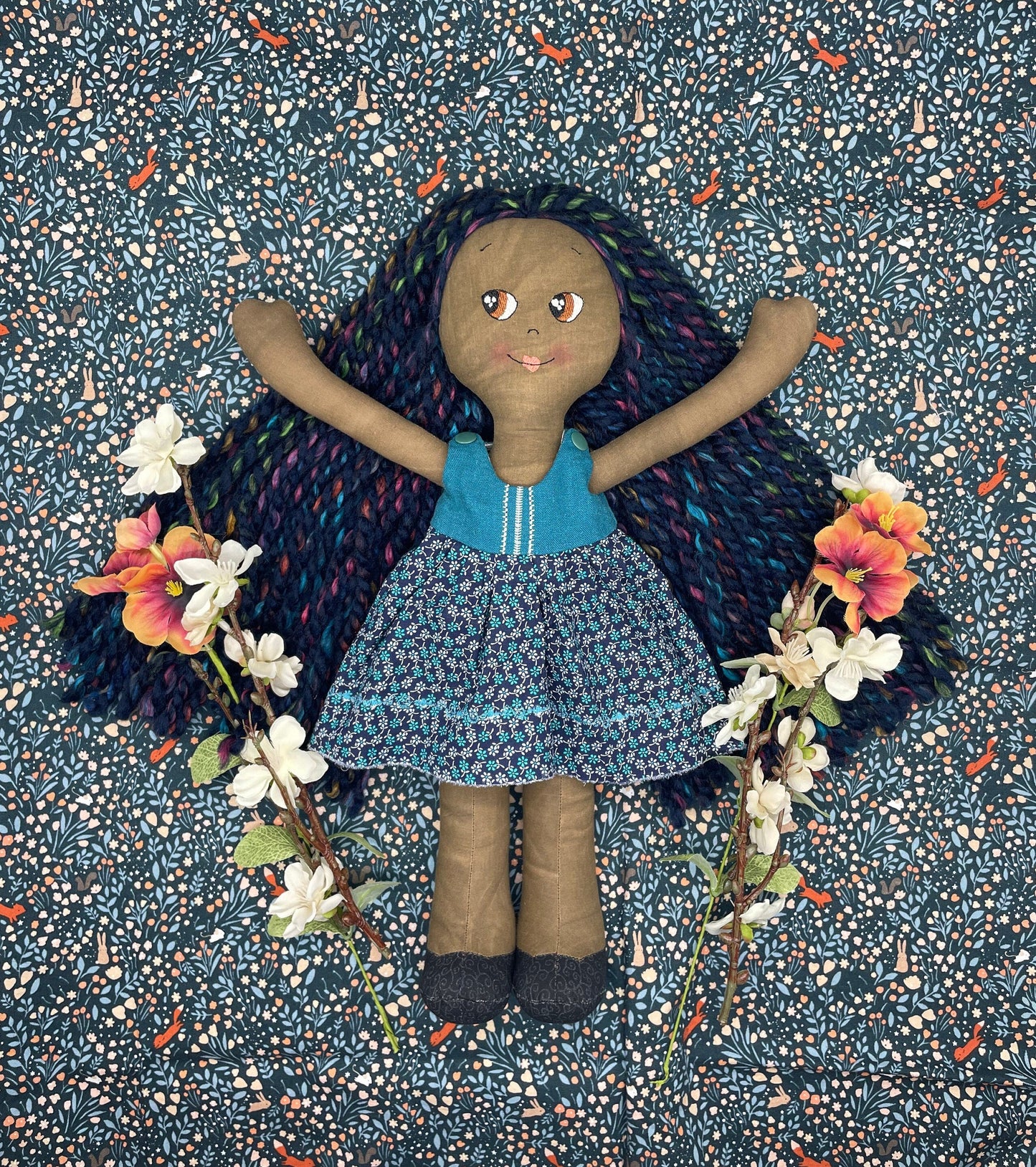 REVERSIBLE DRESS, Handmade Doll, "JOSIE", handmade gift, cloth doll, fabric doll, black doll, diverse doll, heirloom doll, Brown Muslin