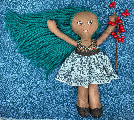 REVERSIBLE DRESS, Handmade Doll, "ORLA", handmade gift, cloth doll, fabric doll, black doll, diverse doll, heirloom doll, Brown Muslin, teal