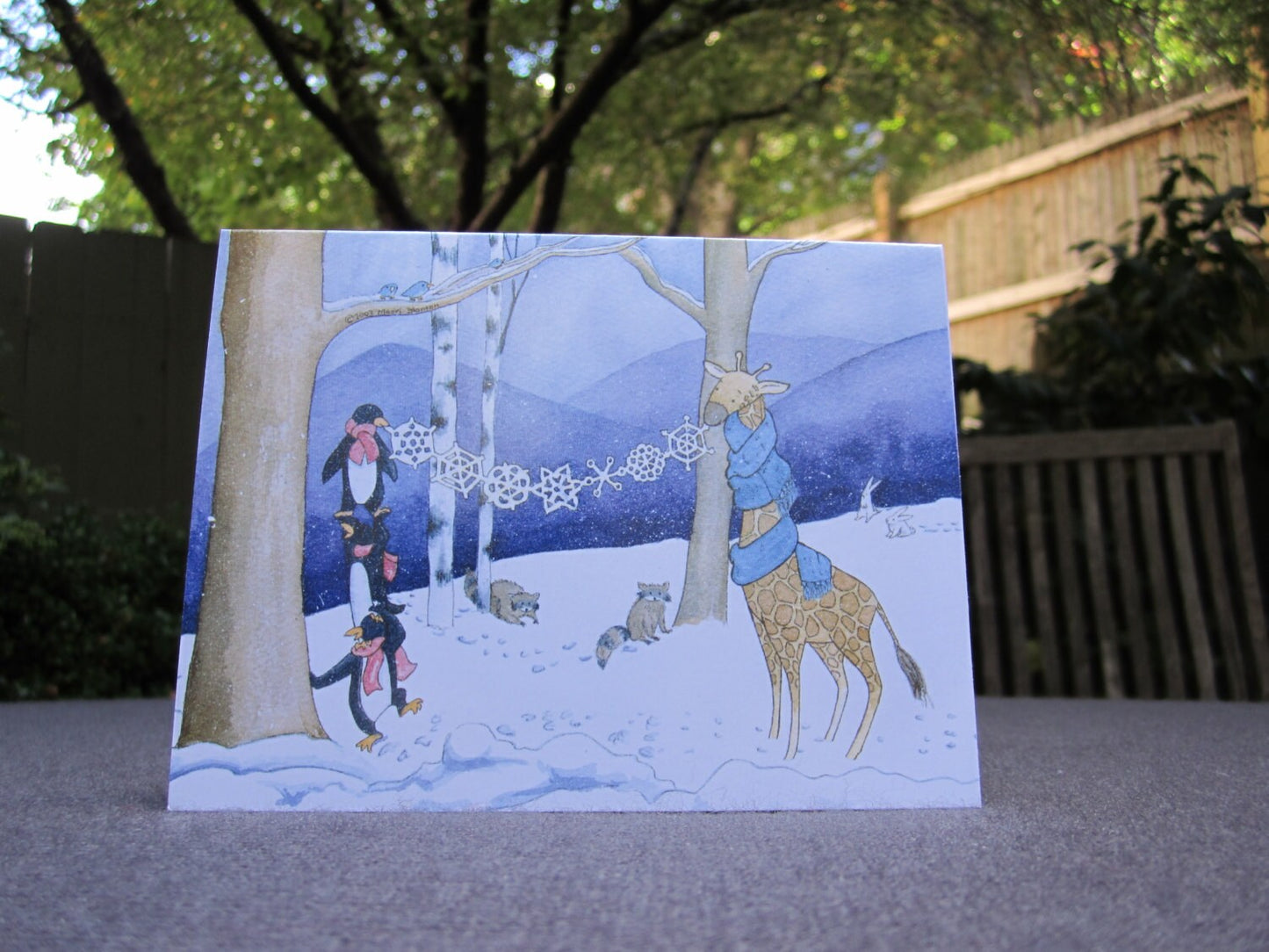 Penguins & Giraffe Holiday Cards - Set of ten, greeting card set, envelopes included, holiday card set, folded blank, Christmas card sets