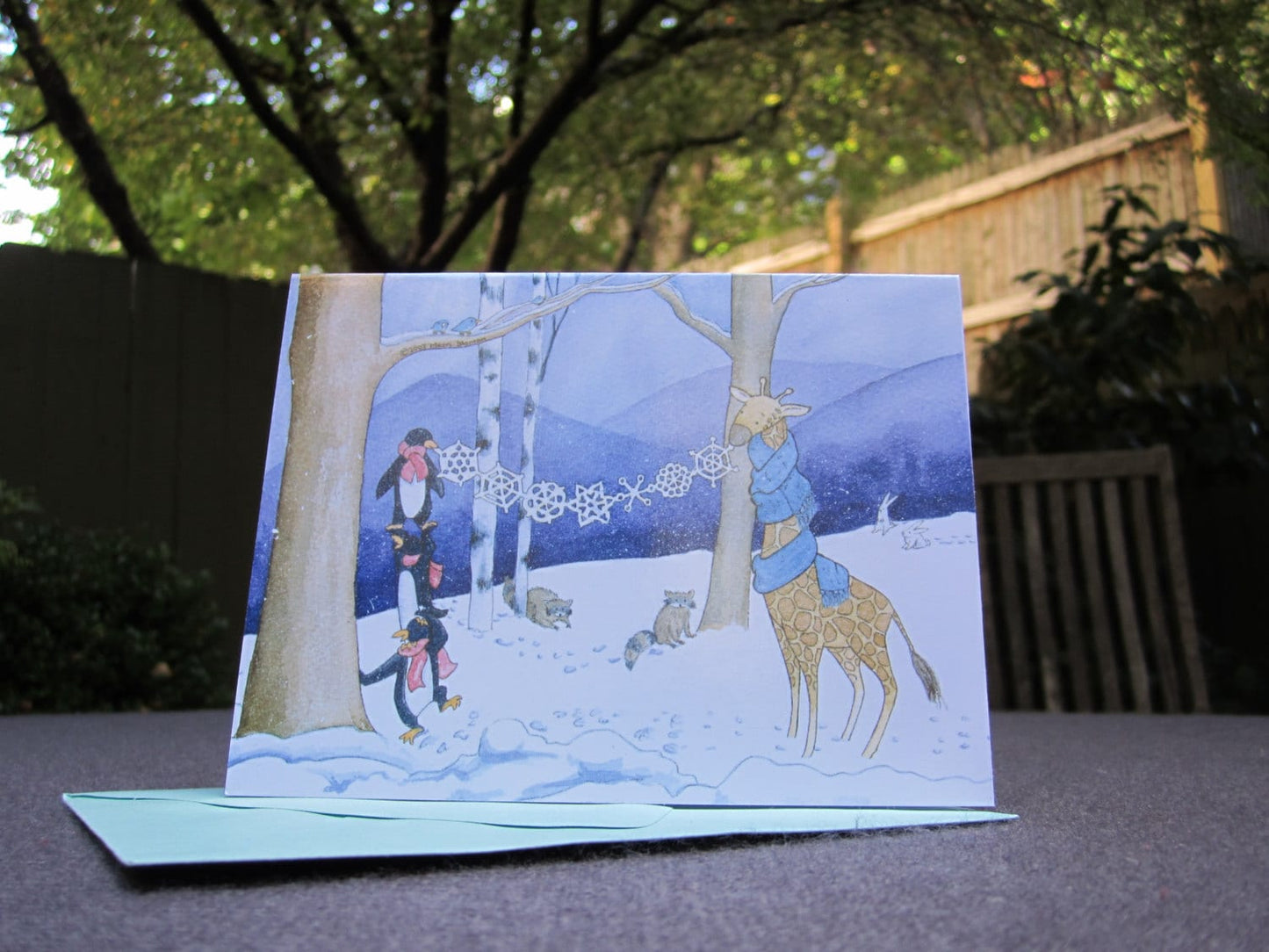 Penguins & Giraffe Holiday Cards - Set of ten, greeting card set, envelopes included, holiday card set, folded blank, Christmas card sets