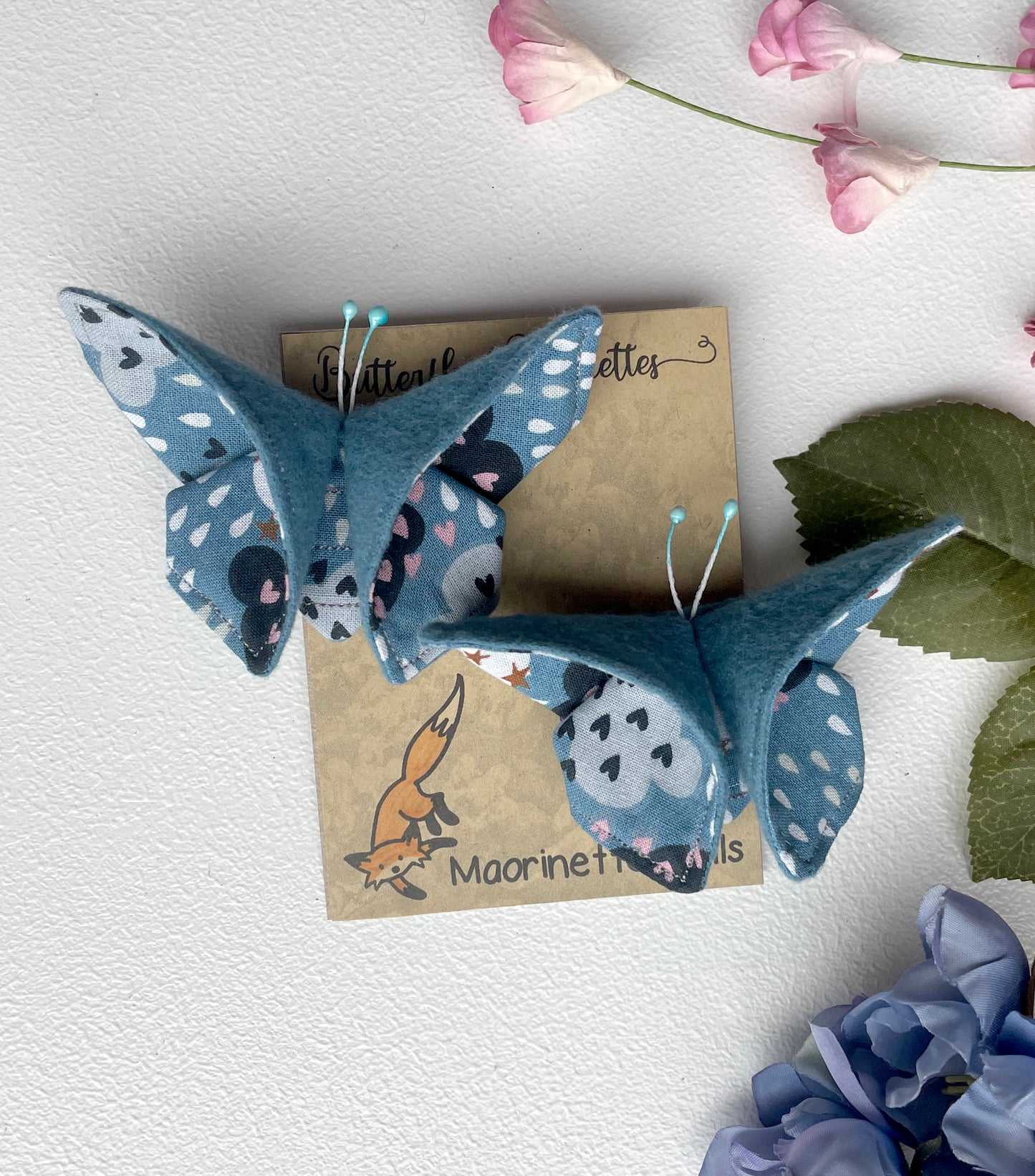 BLUE Rain Scrappy Butterfly Barrettes, Set of 2, Unique Barrettes, Children's Hair, One of a kind, Hair accessories, hair clips, flannel, cotton