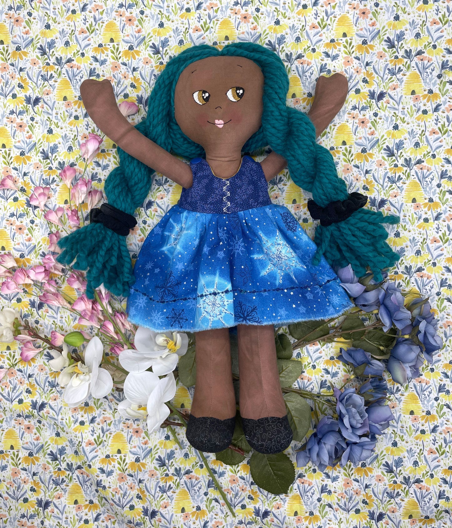 Handmade Black Doll, "CLOE", Reversible clothing, handmade gift, cloth doll, fabric doll, black doll, diverse doll, heirloom doll, Brown Muslin, teal