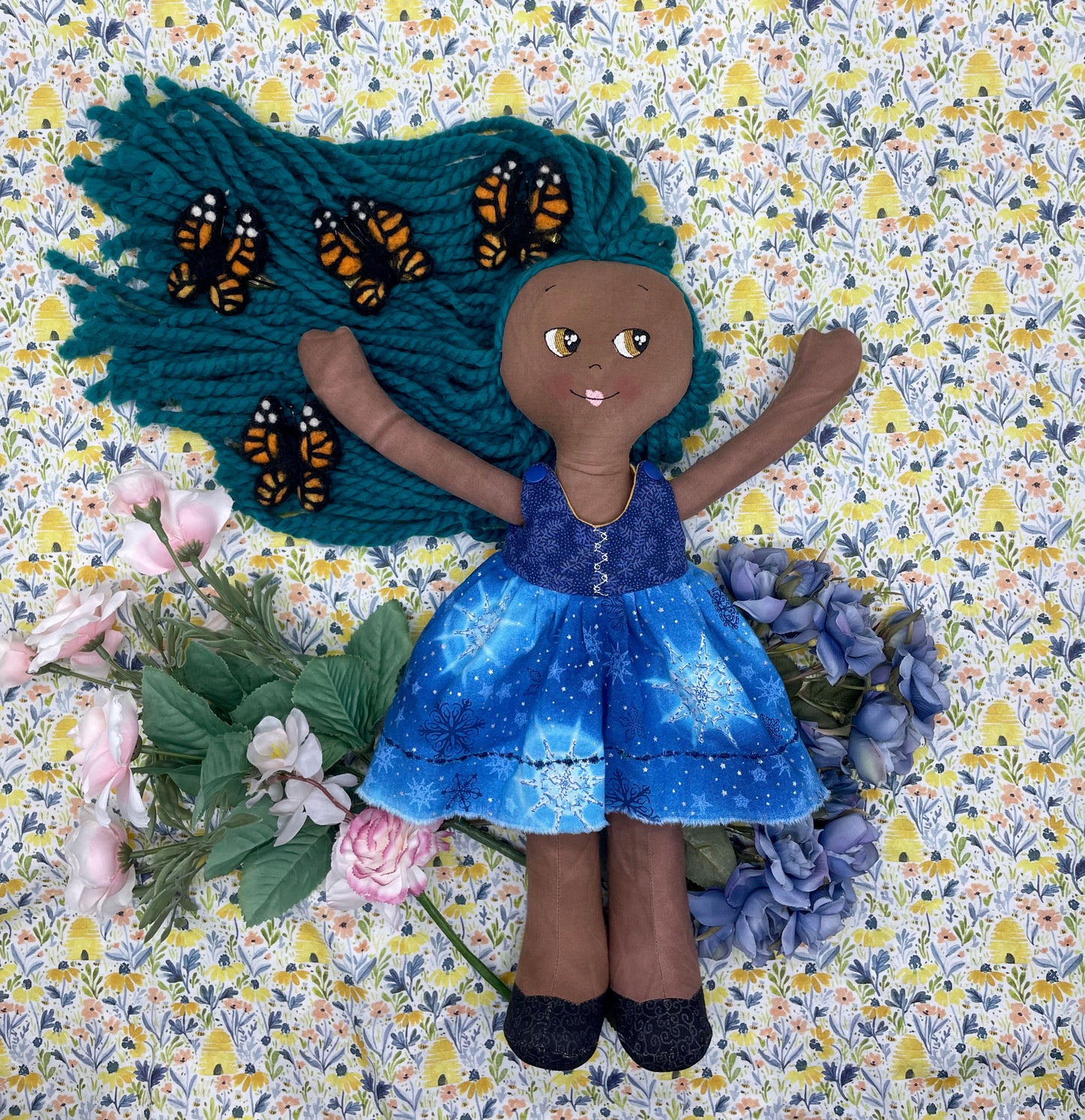 Handmade Black Doll, "CLOE", Reversible clothing, handmade gift, cloth doll, fabric doll, black doll, diverse doll, heirloom doll, Brown Muslin, teal