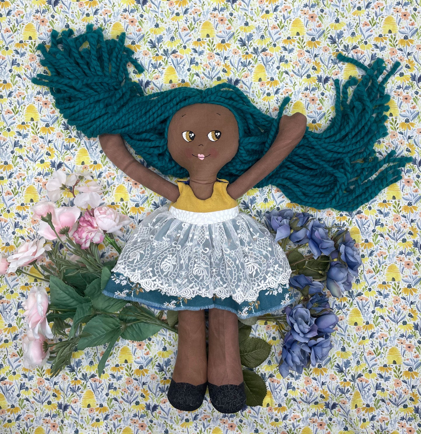 Handmade Black Doll, "CLOE", Reversible clothing, handmade gift, cloth doll, fabric doll, black doll, diverse doll, heirloom doll, Brown Muslin, teal