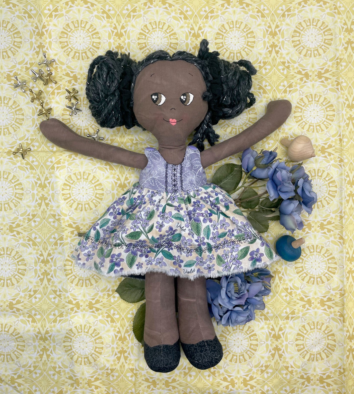 REVERSIBLE DRESS, Handmade Doll, "EFIE", handmade gift, cloth doll, black doll, diverse doll, heirloom doll, Brown Muslin, tinsel, sparkle