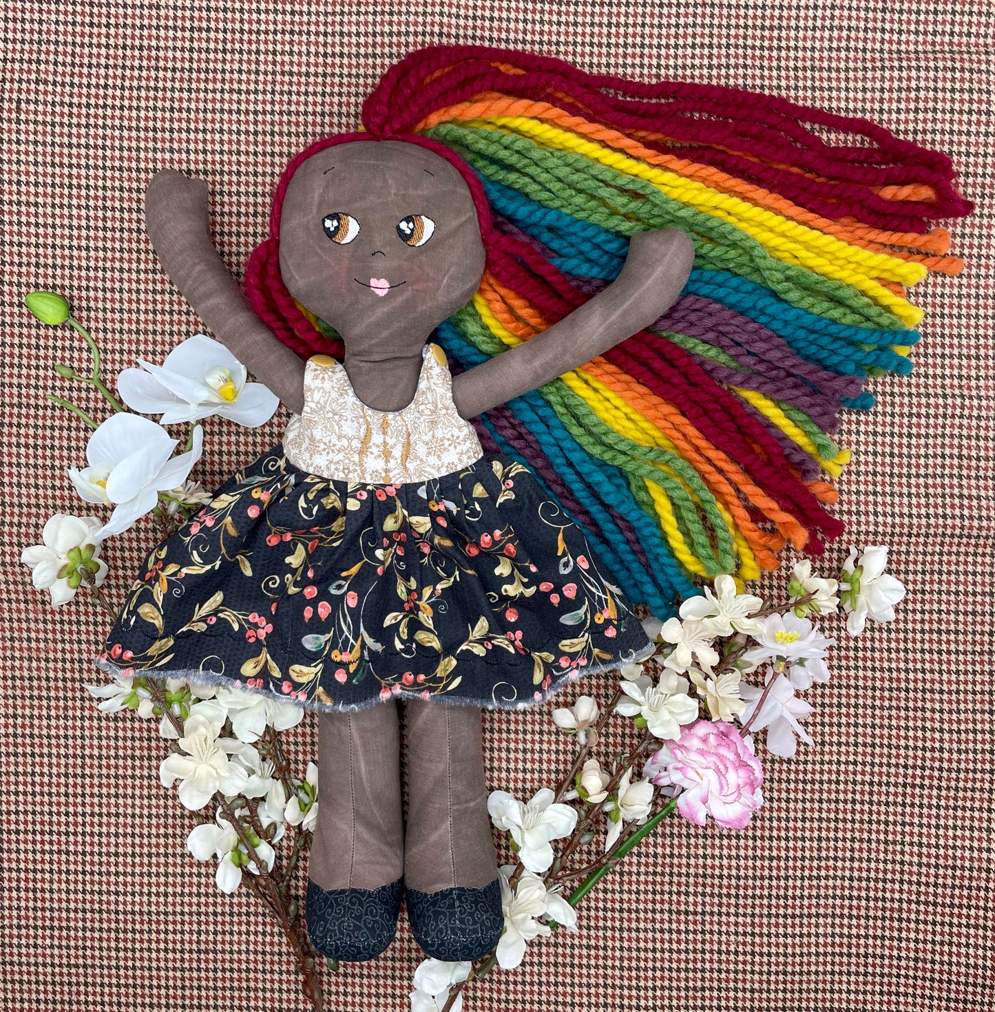 REVERSIBLE DRESS, Handmade Doll, "FLOR", handmade gift, pride doll, rainbow doll, black doll, diverse doll, heirloom doll, Brown Muslin