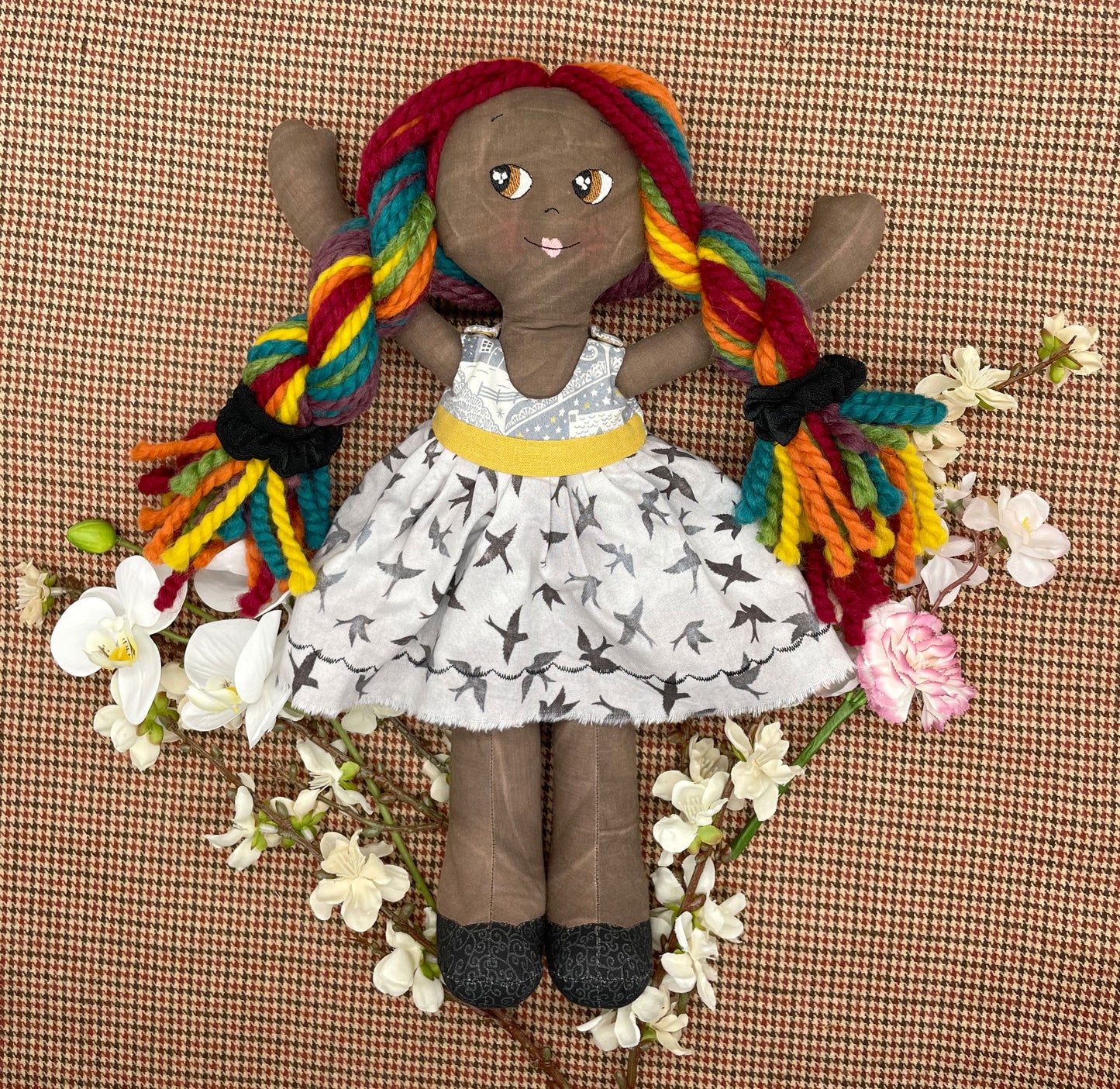 REVERSIBLE DRESS, Handmade Doll, "FLOR", handmade gift, pride doll, rainbow doll, black doll, diverse doll, heirloom doll, Brown Muslin