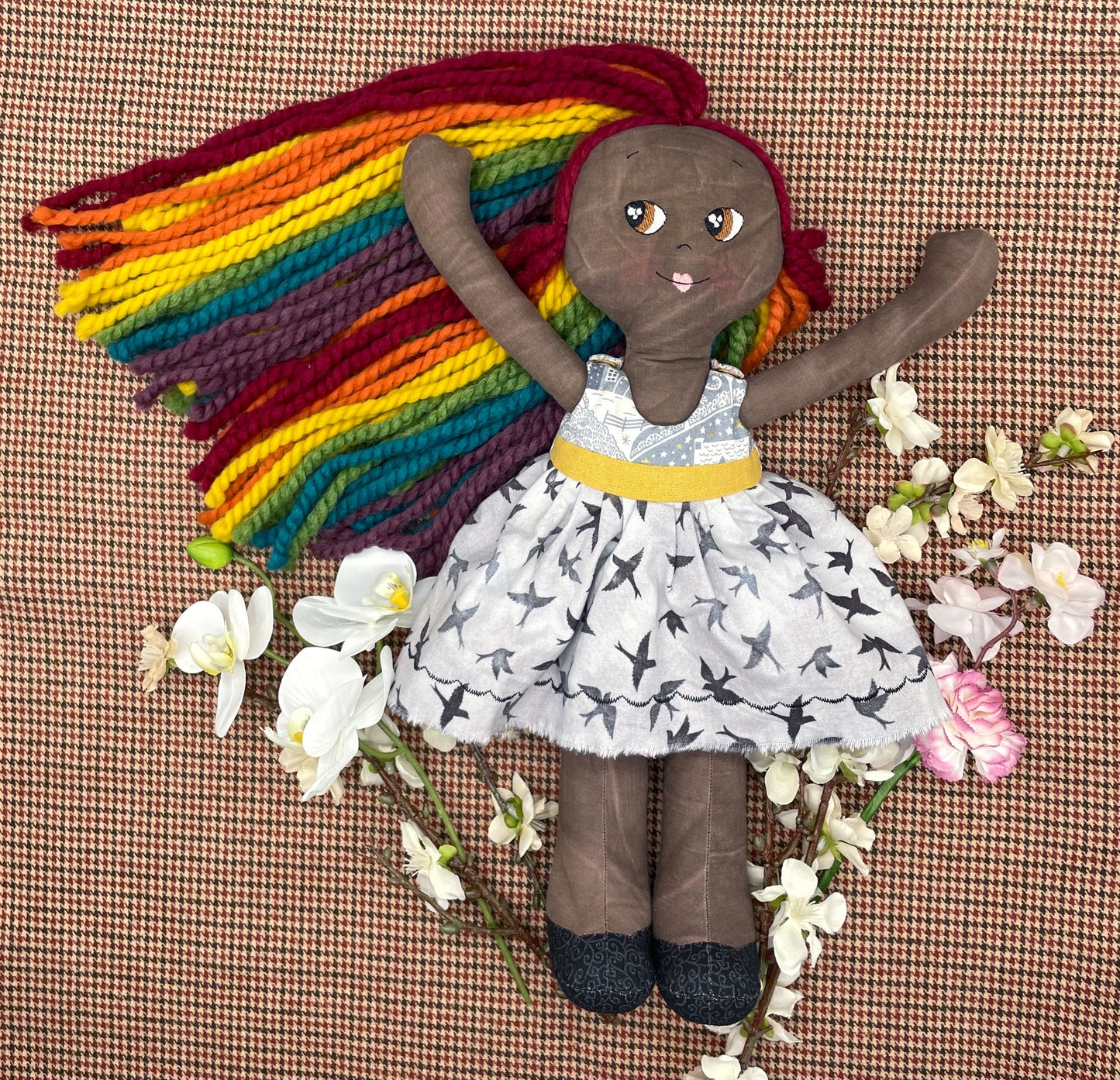 REVERSIBLE DRESS, Handmade Doll, "FLOR", handmade gift, pride doll, rainbow doll, black doll, diverse doll, heirloom doll, Brown Muslin