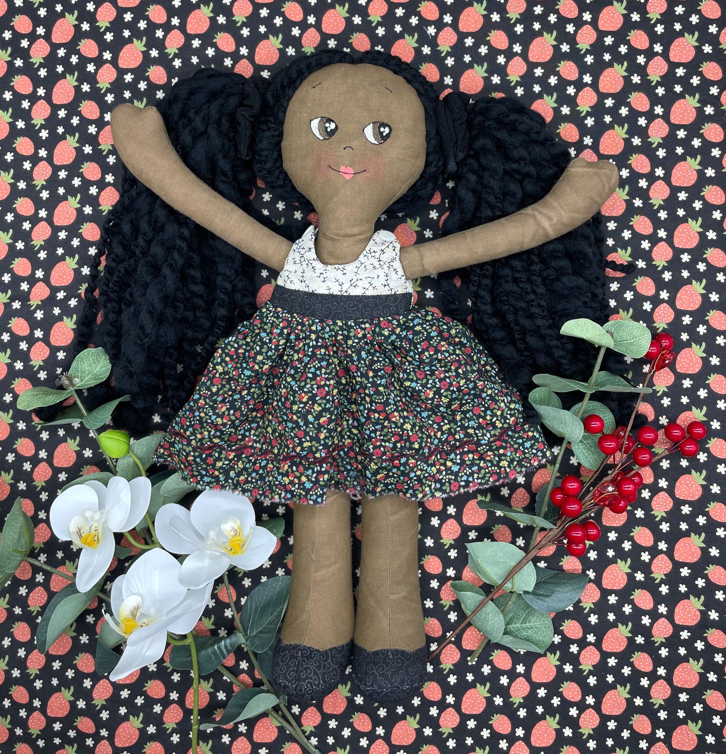 REVERSIBLE DRESS, Handmade Doll, "GRETA", handmade gift, cloth doll, fabric doll, black doll, diverse doll, heirloom doll, Brown Muslin