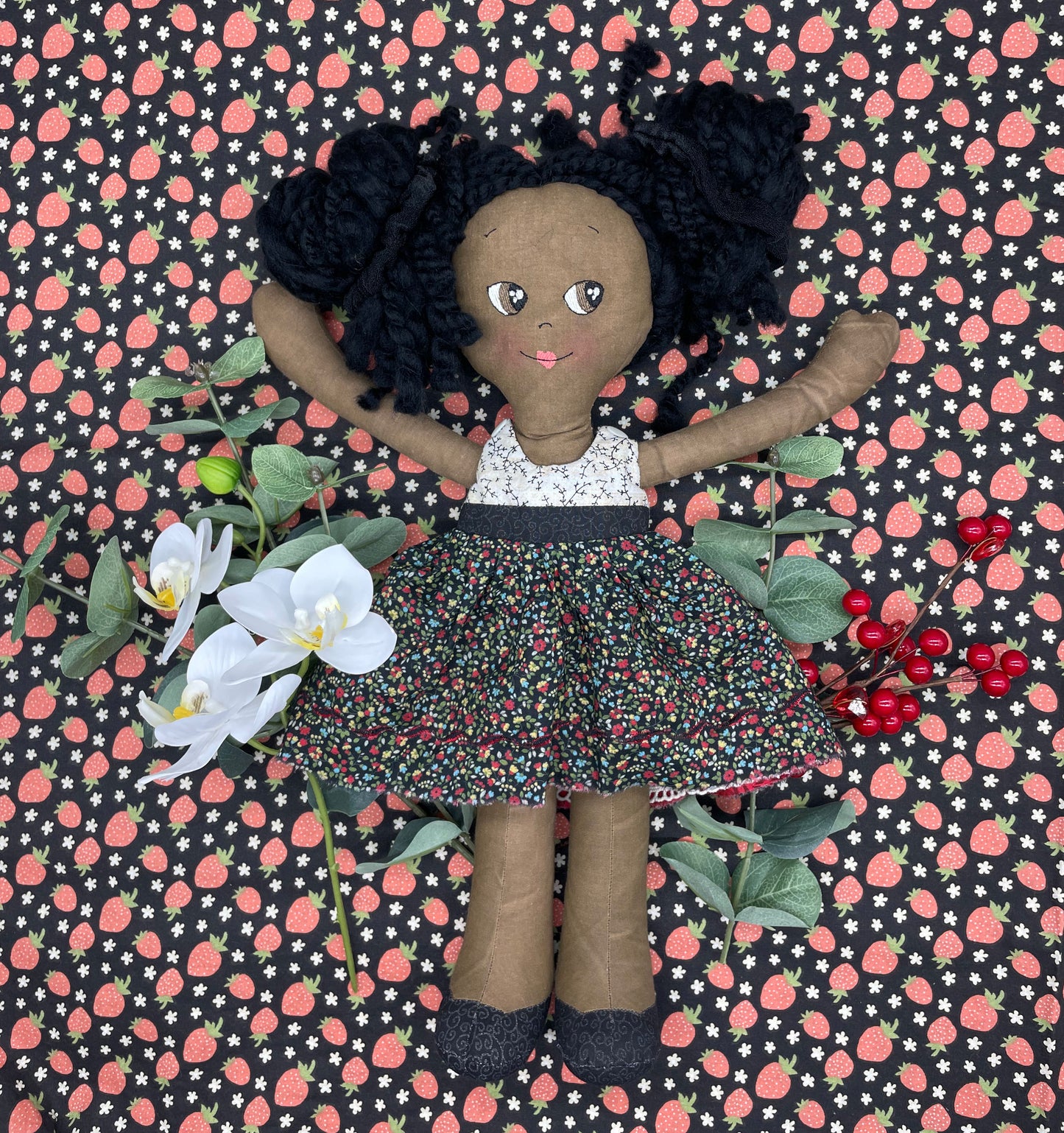 REVERSIBLE DRESS, Handmade Doll, "GRETA", handmade gift, cloth doll, fabric doll, black doll, diverse doll, heirloom doll, Brown Muslin