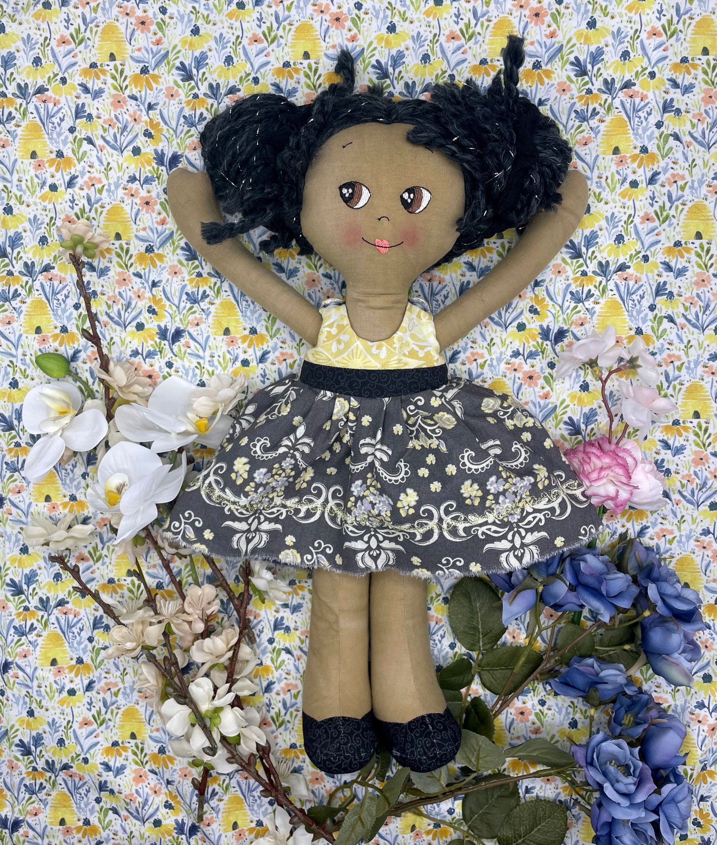 REVERSIBLE DRESS, Handmade Doll, "HATTIE", handmade gift, cloth doll, fabric doll, black doll, diverse doll, heirloom doll, Brown Muslin