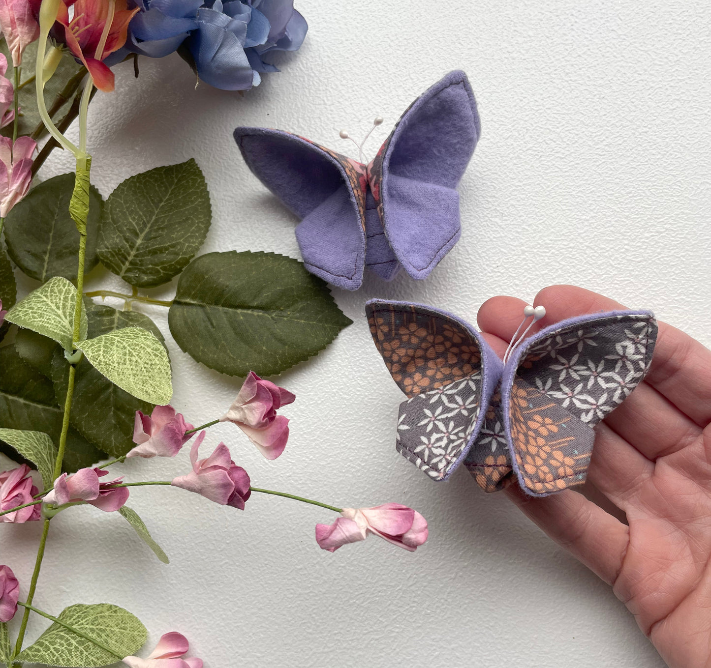 LAVENDER Floral Scrappy Butterfly Barrettes, Set of 2, Unique Barrettes, Children's Hair, One of a kind, Hair accessories, hair clips, flannel, cotton