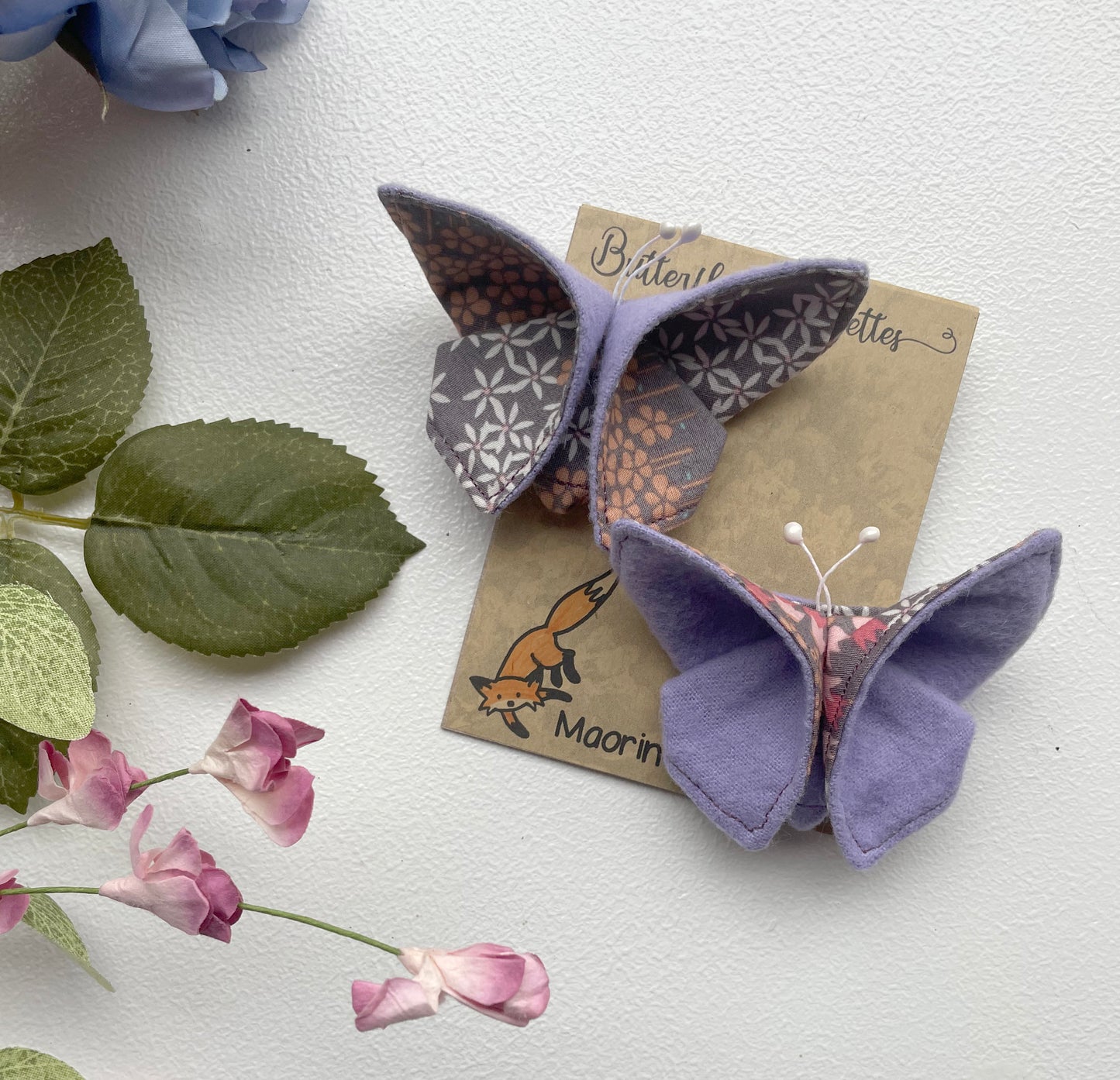 LAVENDER Floral Scrappy Butterfly Barrettes, Set of 2, Unique Barrettes, Children's Hair, One of a kind, Hair accessories, hair clips, flannel, cotton