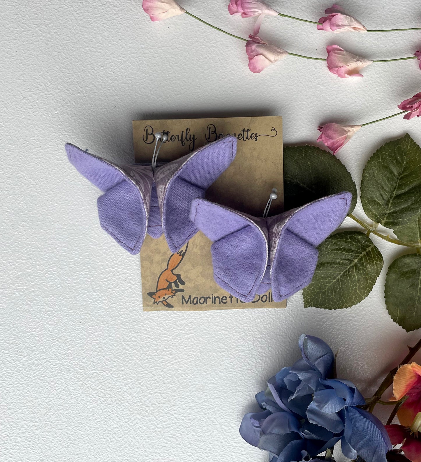 LAVENDER Leaves Scrappy Butterfly Barrettes, Set of 2, Unique Barrettes, Children's Hair, One of a kind, Hair accessories, hair clips, flannel, cotton