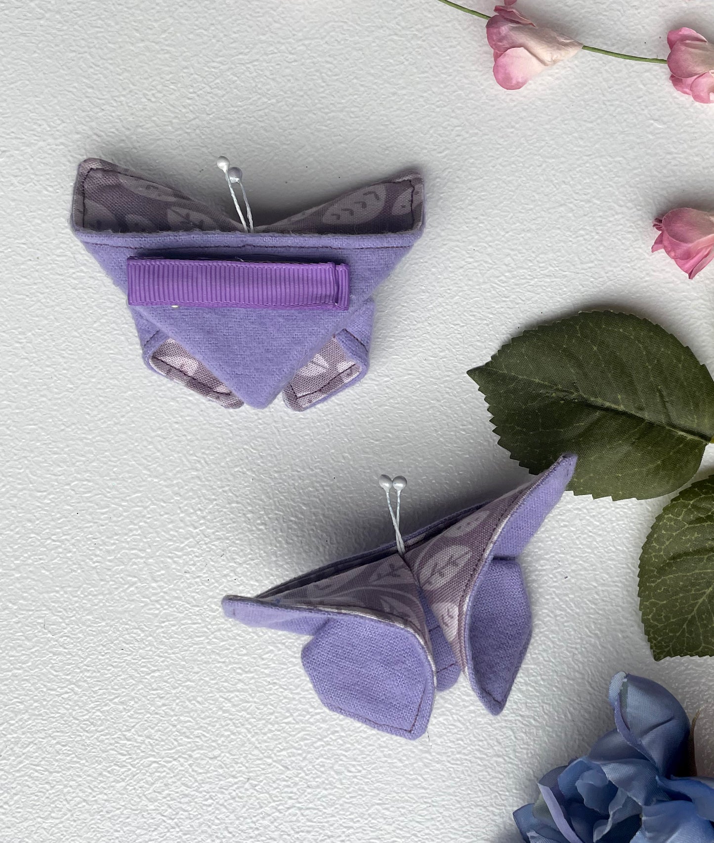 LAVENDER Leaves Scrappy Butterfly Barrettes, Set of 2, Unique Barrettes, Children's Hair, One of a kind, Hair accessories, hair clips, flannel, cotton