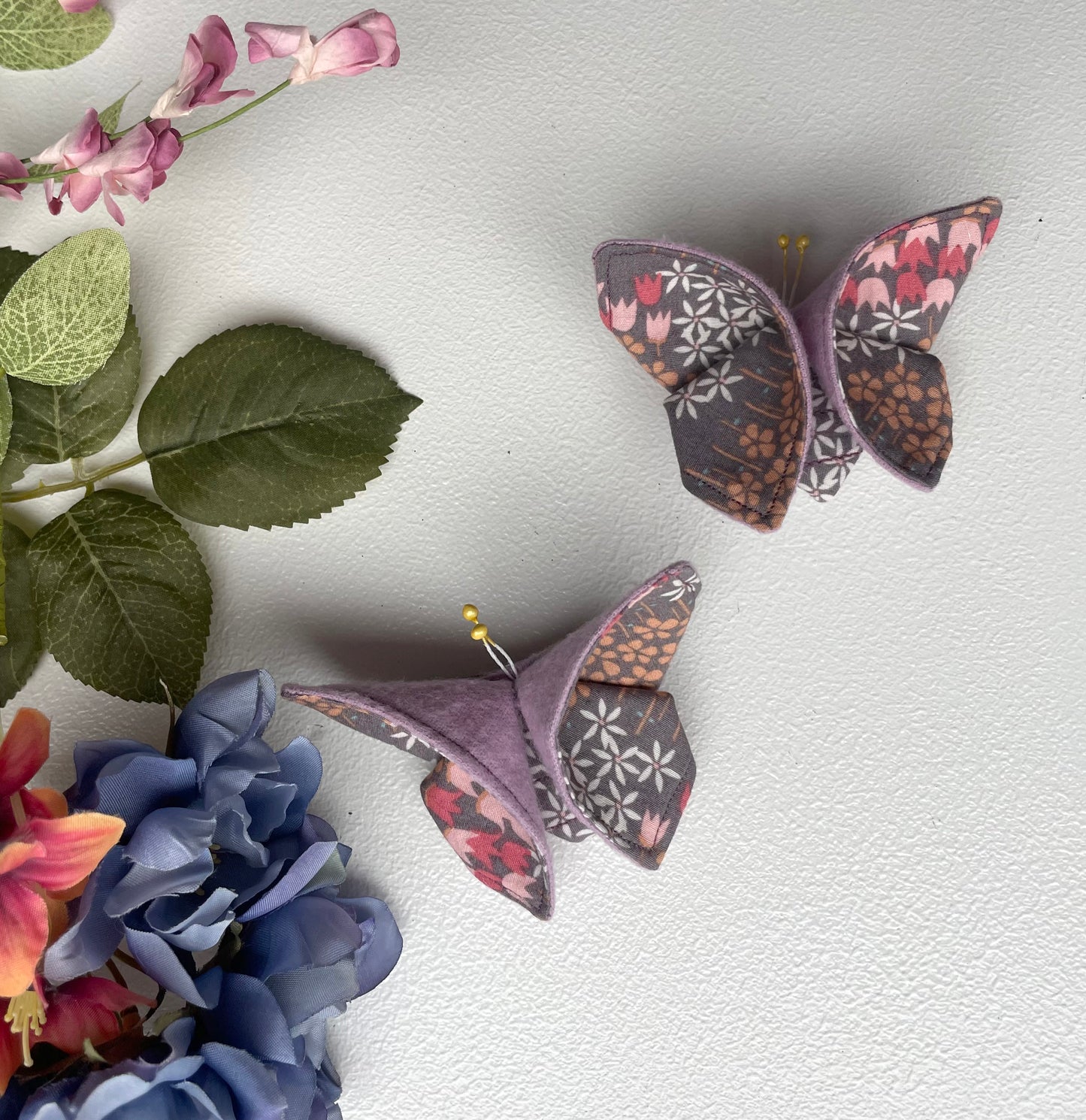 LILAC Floral Scrappy Butterfly Barrettes, Set of 2, Unique Barrettes, Children's Hair, One of a kind, Hair accessories, hair clips, flannel, cotton