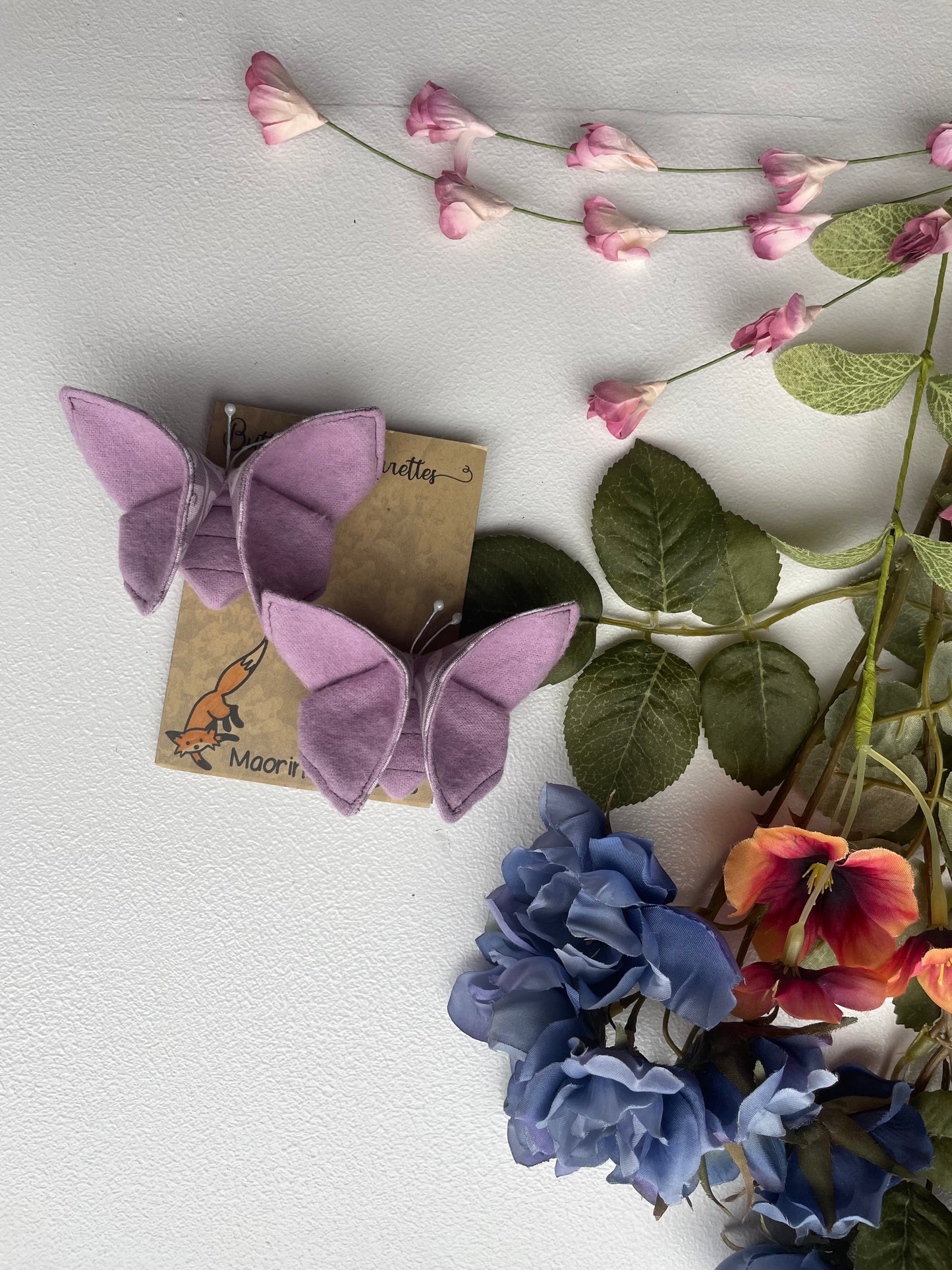 LILAC Leaves Scrappy Butterfly Barrettes, Set of 2, Unique Barrettes, Children's Hair, One of a kind, Hair accessories, hair clips, flannel, cotton