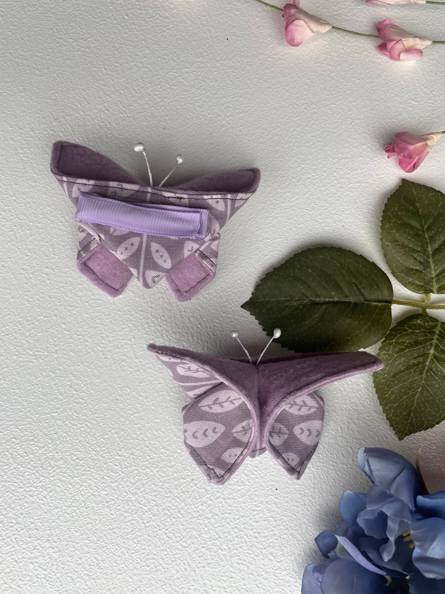 LILAC Leaves Scrappy Butterfly Barrettes, Set of 2, Unique Barrettes, Children's Hair, One of a kind, Hair accessories, hair clips, flannel, cotton