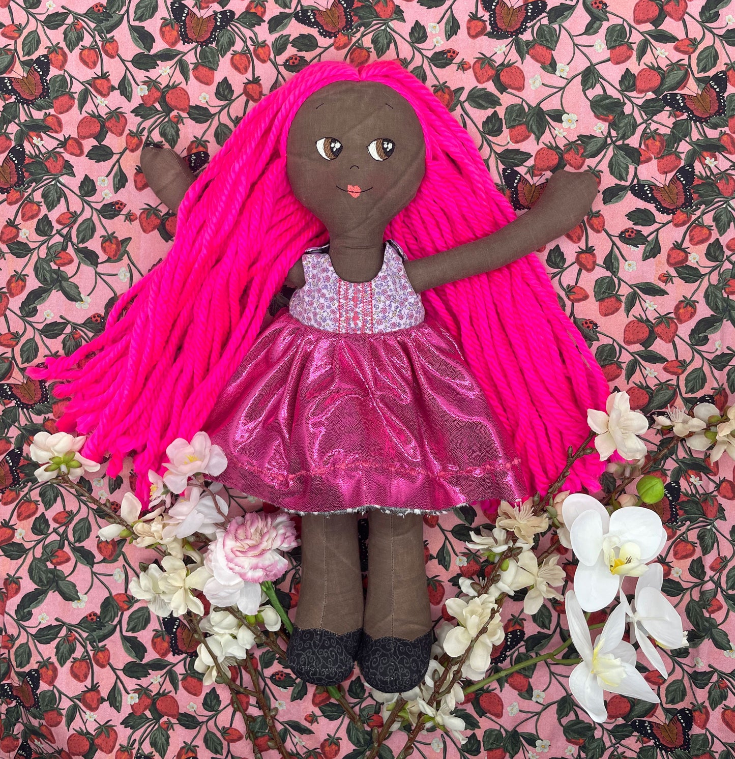 REVERSIBLE DRESS, Handmade Doll, "MILLY", handmade gift, hot pink, fabric doll, black doll, diverse doll, heirloom doll, Brown Muslin