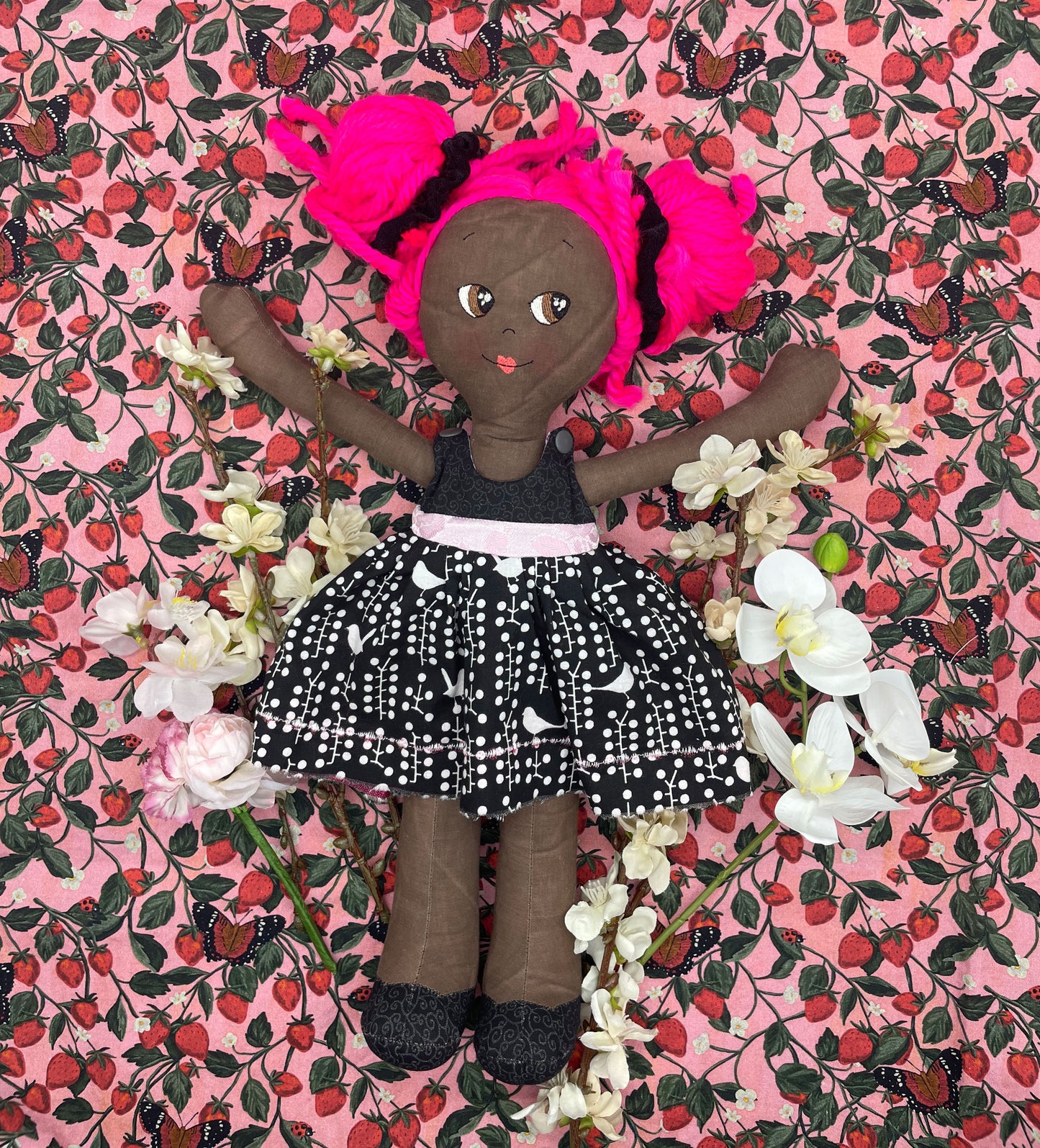 REVERSIBLE DRESS, Handmade Doll, "MILLY", handmade gift, hot pink, fabric doll, black doll, diverse doll, heirloom doll, Brown Muslin