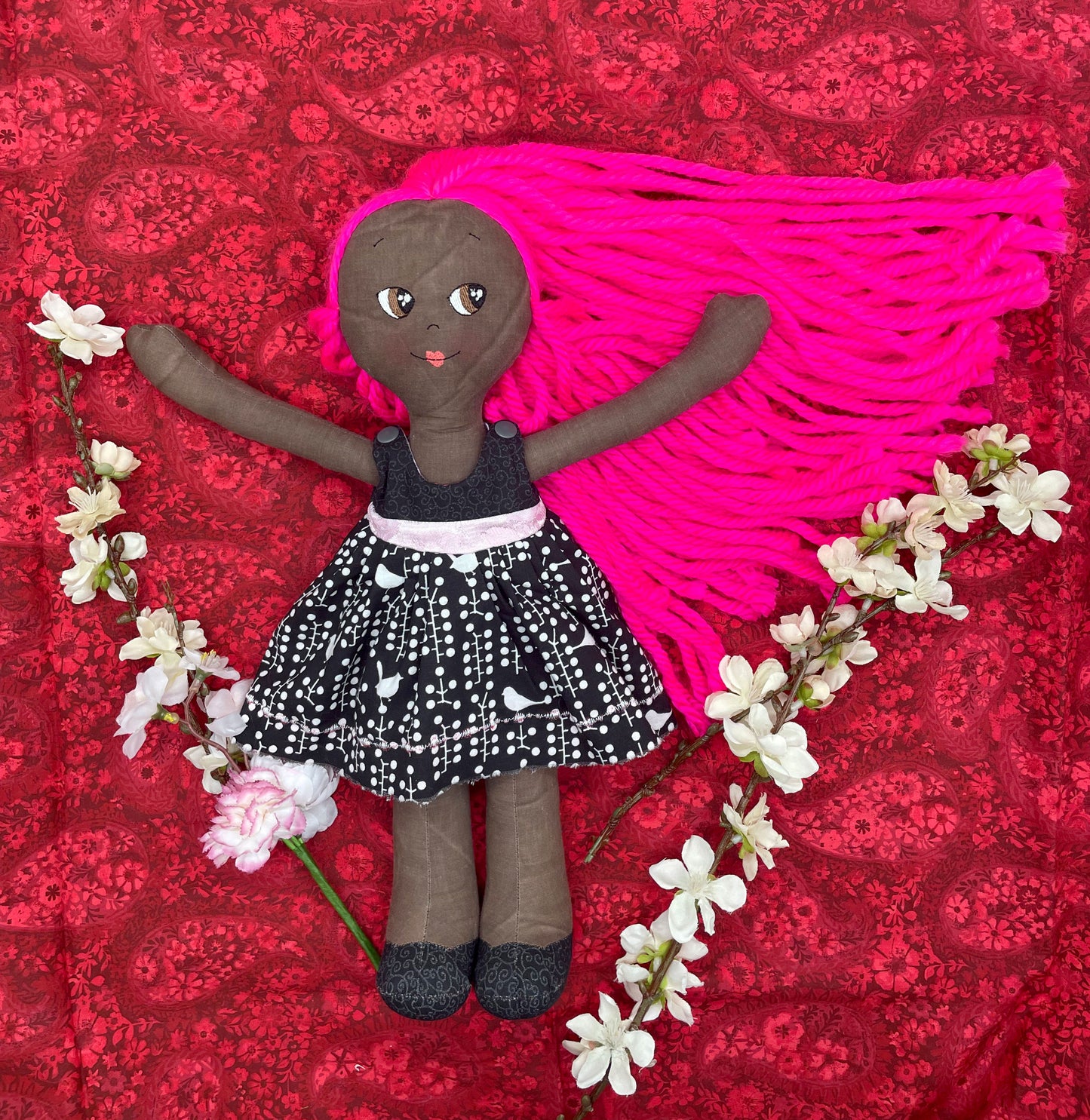 REVERSIBLE DRESS, Handmade Doll, "MILLY", handmade gift, hot pink, fabric doll, black doll, diverse doll, heirloom doll, Brown Muslin