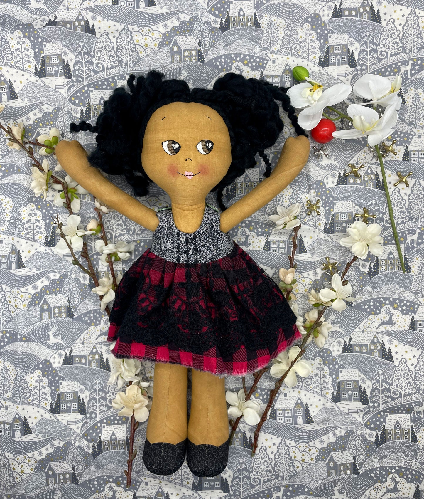 REVERSIBLE DRESS, Handmade Doll, "NOEL", handmade gift, cloth, fabric doll, black doll, diverse doll, heirloom doll, Brown Muslin, holiday