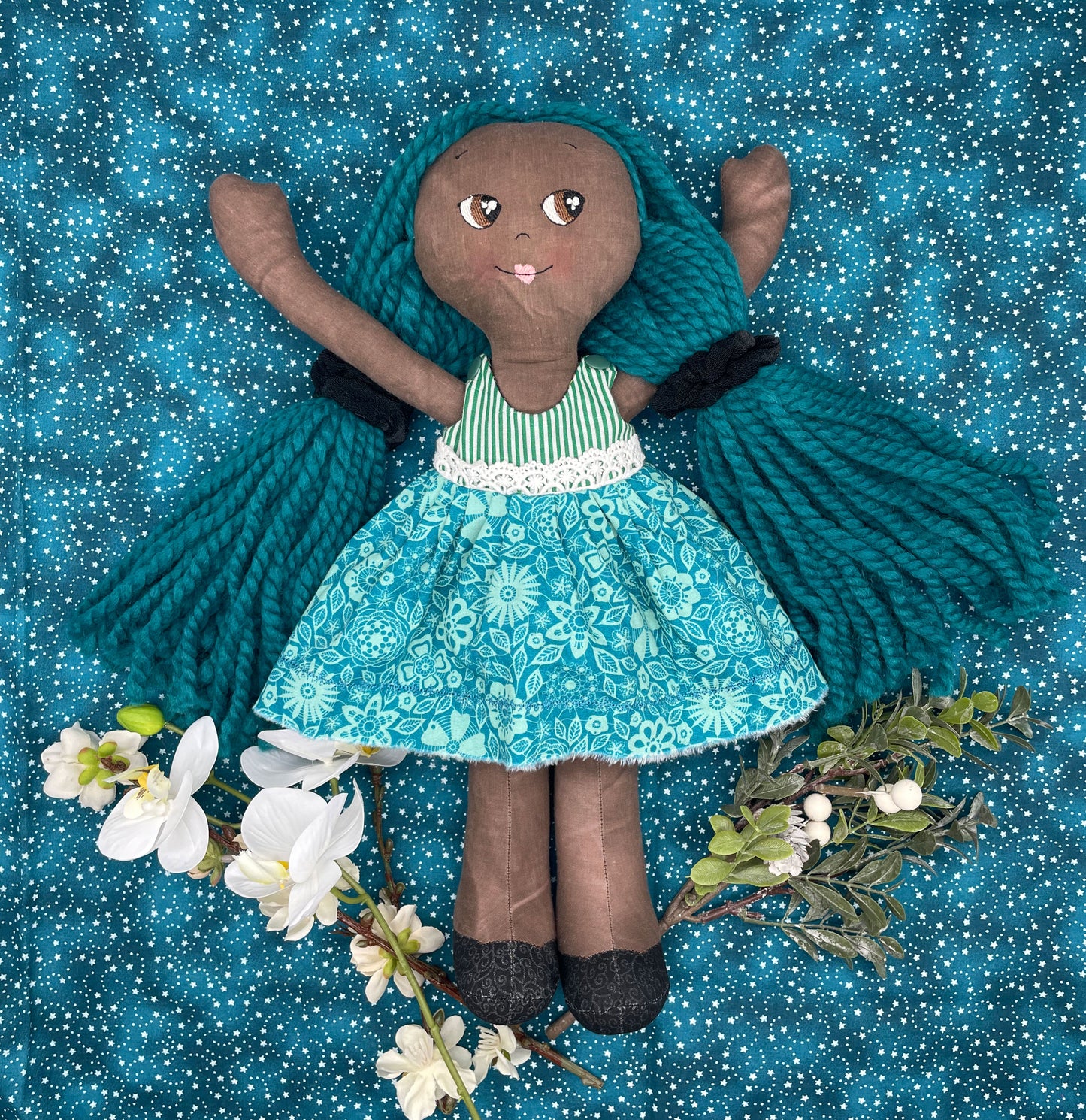 REVERSIBLE DRESS, Handmade Doll, "ORLA", handmade gift, cloth doll, fabric doll, black doll, diverse doll, heirloom doll, Brown Muslin, teal