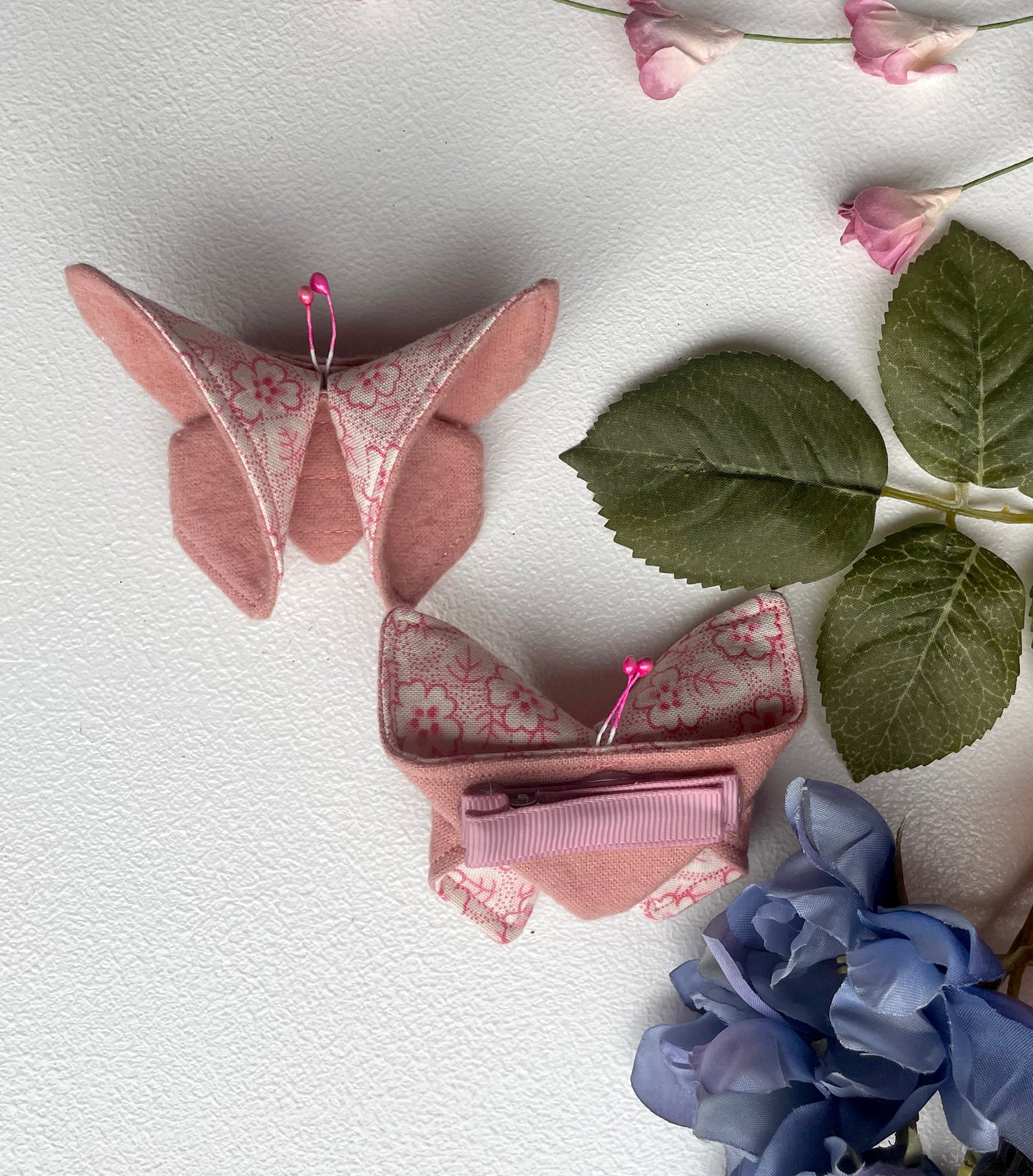 PINK Flowers Scrappy Butterfly Barrettes, Set of 2, Unique Barrettes, Children's Hair, One of a kind, Hair accessories, hair clips, flannel, cotton