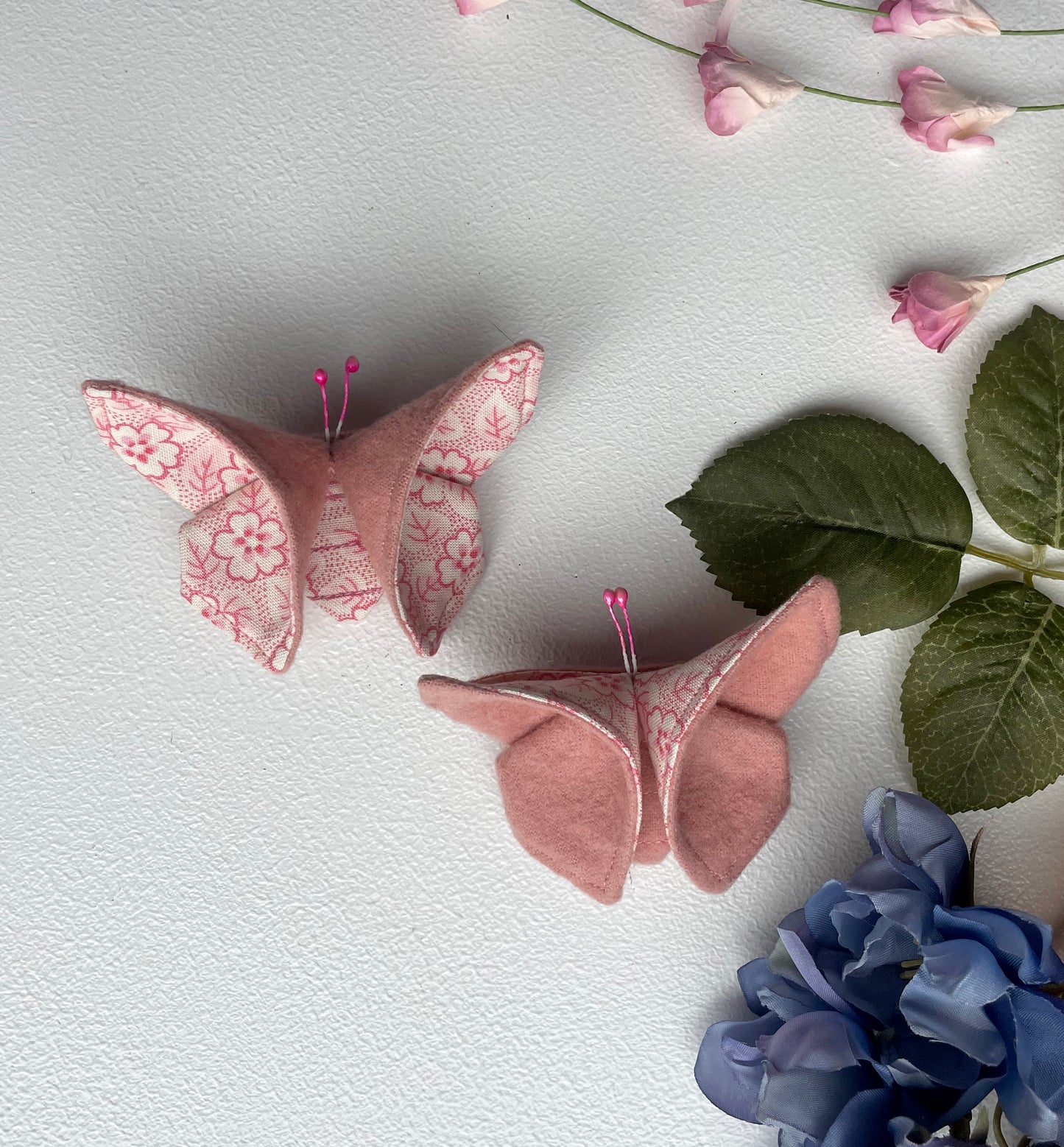 PINK Flowers Scrappy Butterfly Barrettes, Set of 2, Unique Barrettes, Children's Hair, One of a kind, Hair accessories, hair clips, flannel, cotton