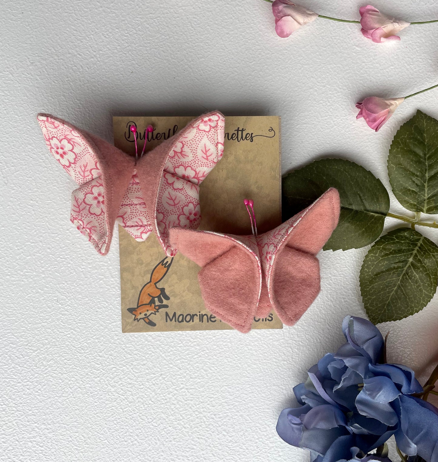 PINK Flowers Scrappy Butterfly Barrettes, Set of 2, Unique Barrettes, Children's Hair, One of a kind, Hair accessories, hair clips, flannel, cotton