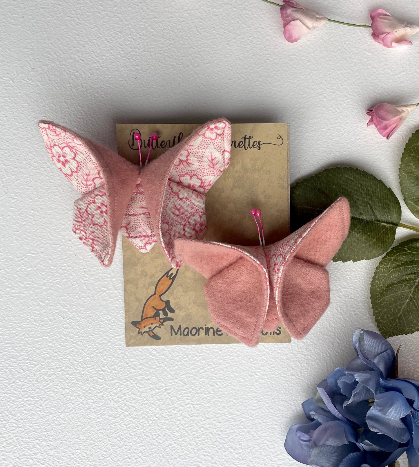 PINK Flowers Scrappy Butterfly Barrettes, Set of 2, Unique Barrettes, Children's Hair, One of a kind, Hair accessories, hair clips, flannel, cotton