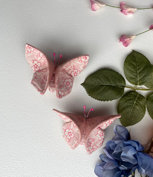 PINK Flowers Scrappy Butterfly Barrettes, Set of 2, Unique Barrettes, Children's Hair, One of a kind, Hair accessories, hair clips, flannel, cotton