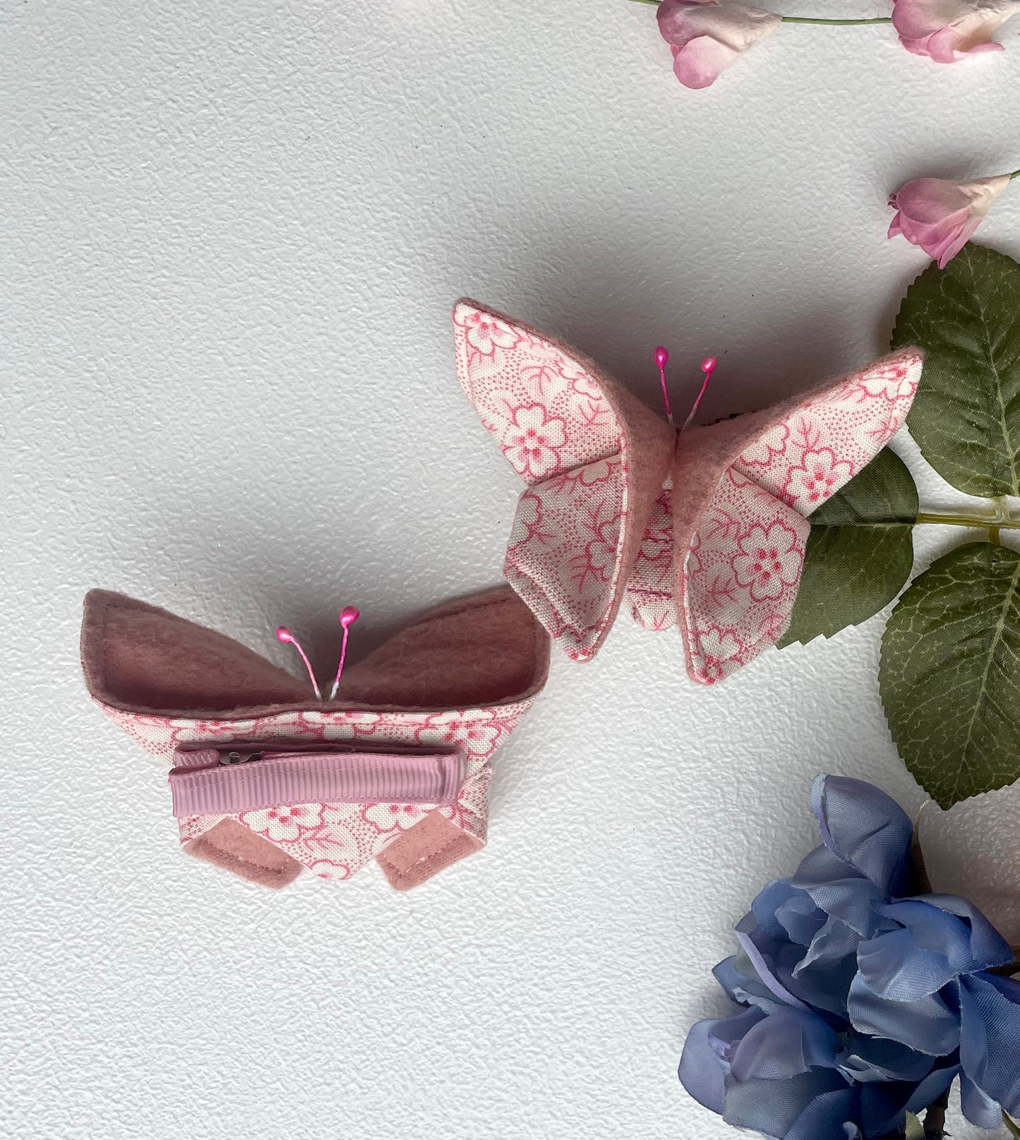 PINK Flowers Scrappy Butterfly Barrettes, Set of 2, Unique Barrettes, Children's Hair, One of a kind, Hair accessories, hair clips, flannel, cotton