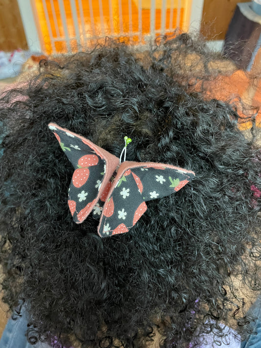 PINK Strawberries Scrappy Butterfly Barrettes, Set of 2, Unique Barrettes, Children's Hair, One of a kind, Hair accessories, hair clips, flannel, cotton