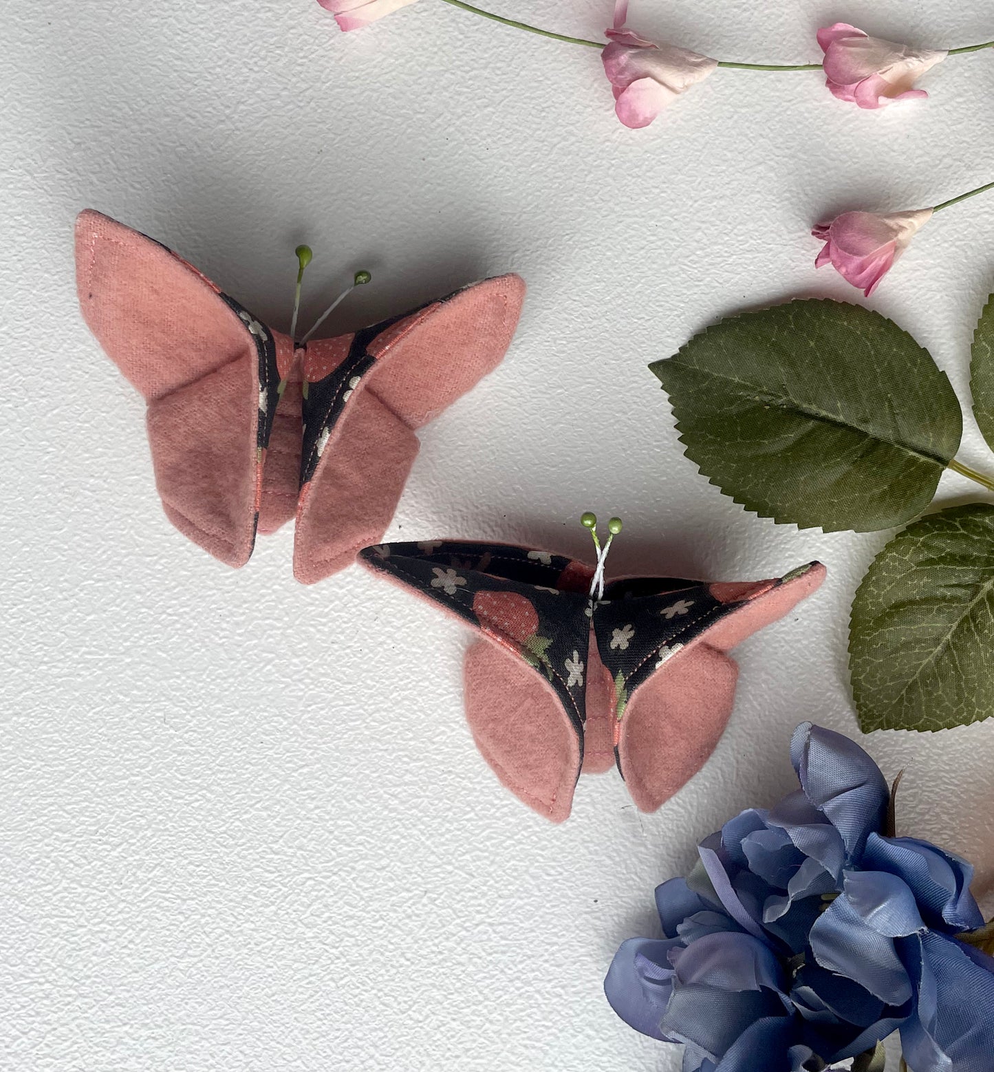 PINK Strawberries Scrappy Butterfly Barrettes, Set of 2, Unique Barrettes, Children's Hair, One of a kind, Hair accessories, hair clips, flannel, cotton