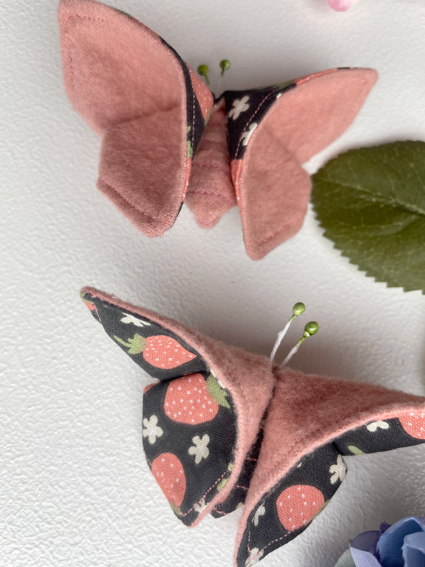 PINK Strawberries Scrappy Butterfly Barrettes, Set of 2, Unique Barrettes, Children's Hair, One of a kind, Hair accessories, hair clips, flannel, cotton