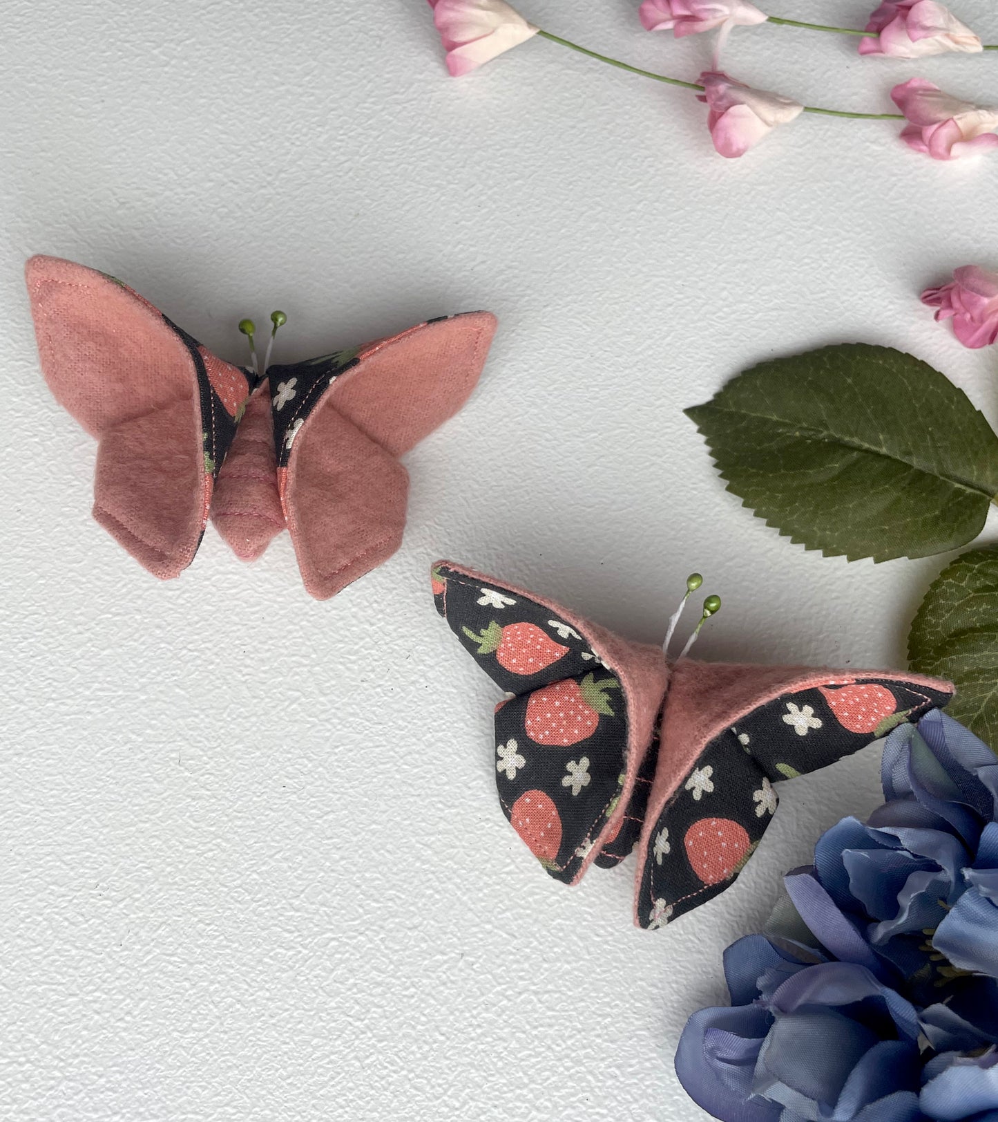 PINK Strawberries Scrappy Butterfly Barrettes, Set of 2, Unique Barrettes, Children's Hair, One of a kind, Hair accessories, hair clips, flannel, cotton