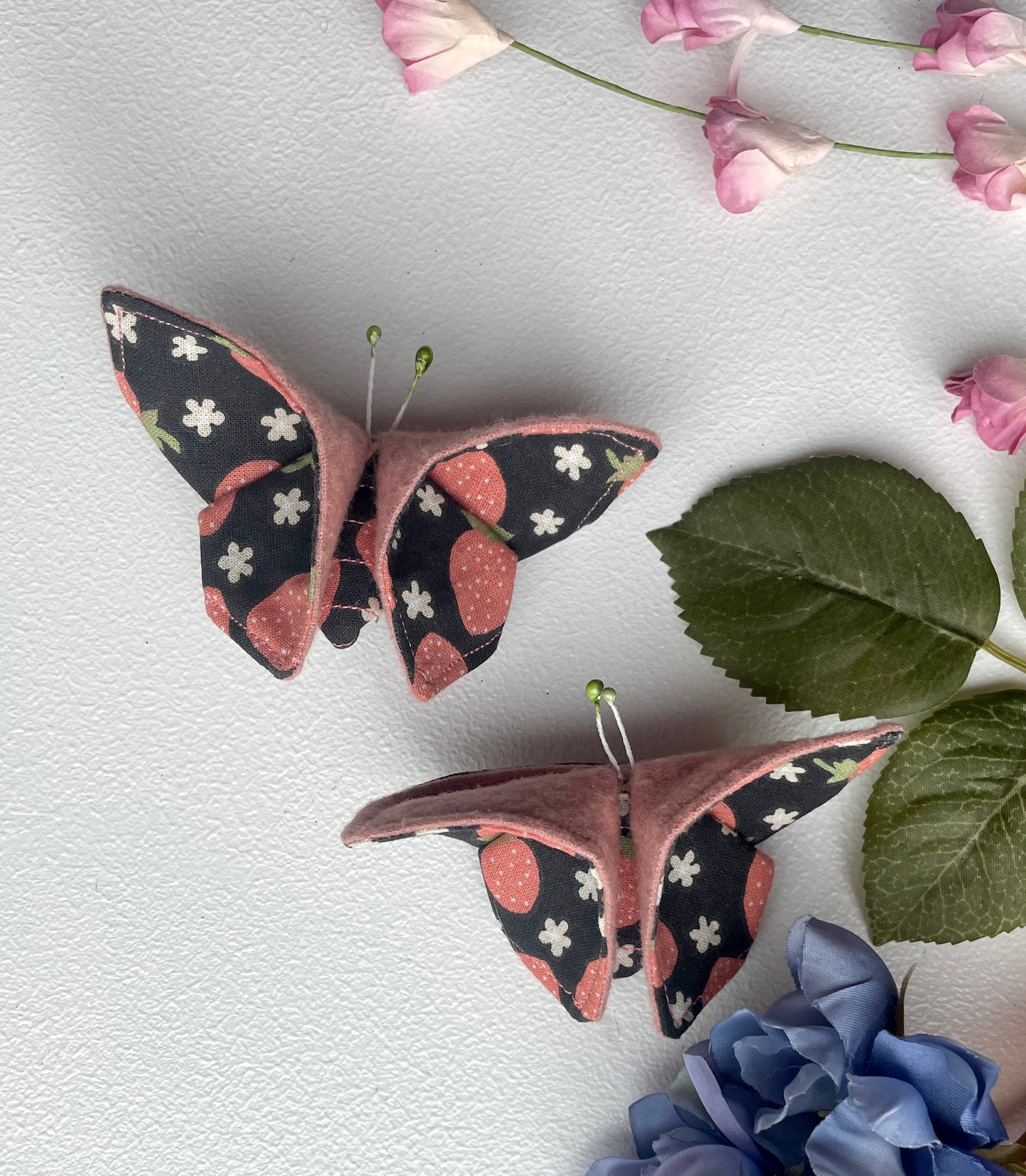 PINK Strawberries Scrappy Butterfly Barrettes, Set of 2, Unique Barrettes, Children's Hair, One of a kind, Hair accessories, hair clips, flannel, cotton