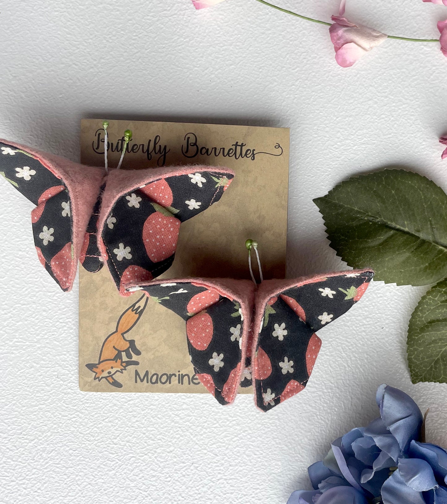 PINK Strawberries Scrappy Butterfly Barrettes, Set of 2, Unique Barrettes, Children's Hair, One of a kind, Hair accessories, hair clips, flannel, cotton