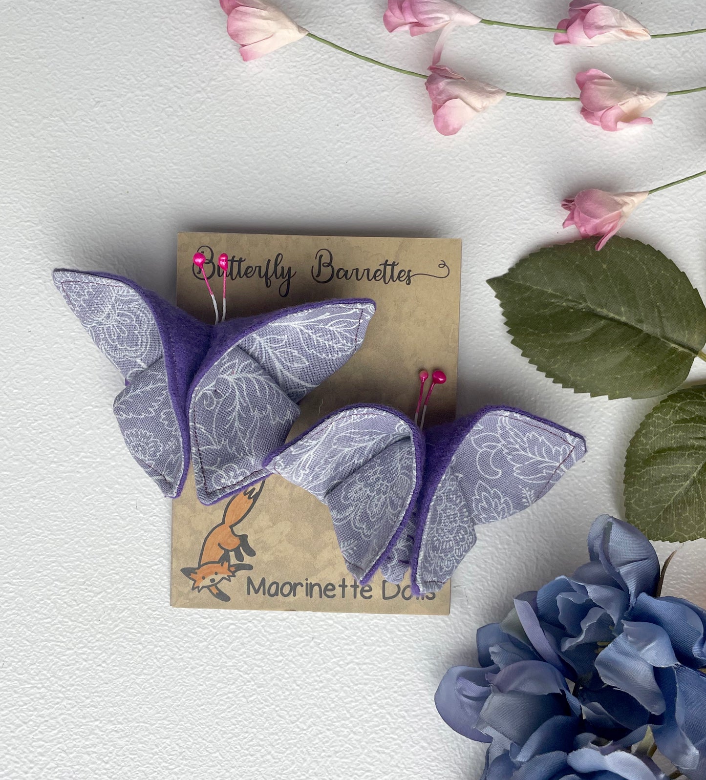 PLUM Floral Scrappy Butterfly Barrettes, Set of 2, Unique Barrettes, Children's Hair, One of a kind, Hair accessories, hair clips, flannel, cotton