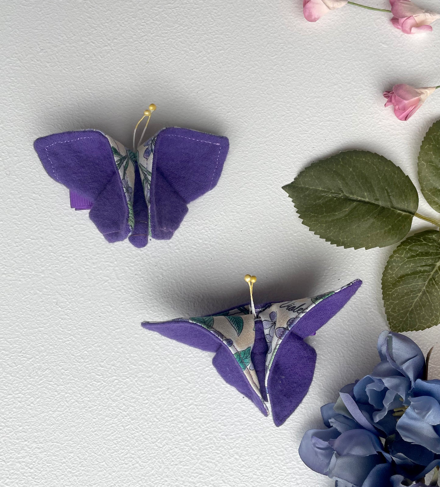 PLUM Violets Scrappy Butterfly Barrettes, Set of 2, Unique Barrettes, Children's Hair, One of a kind, Hair accessories, hair clips, flannel, cotton